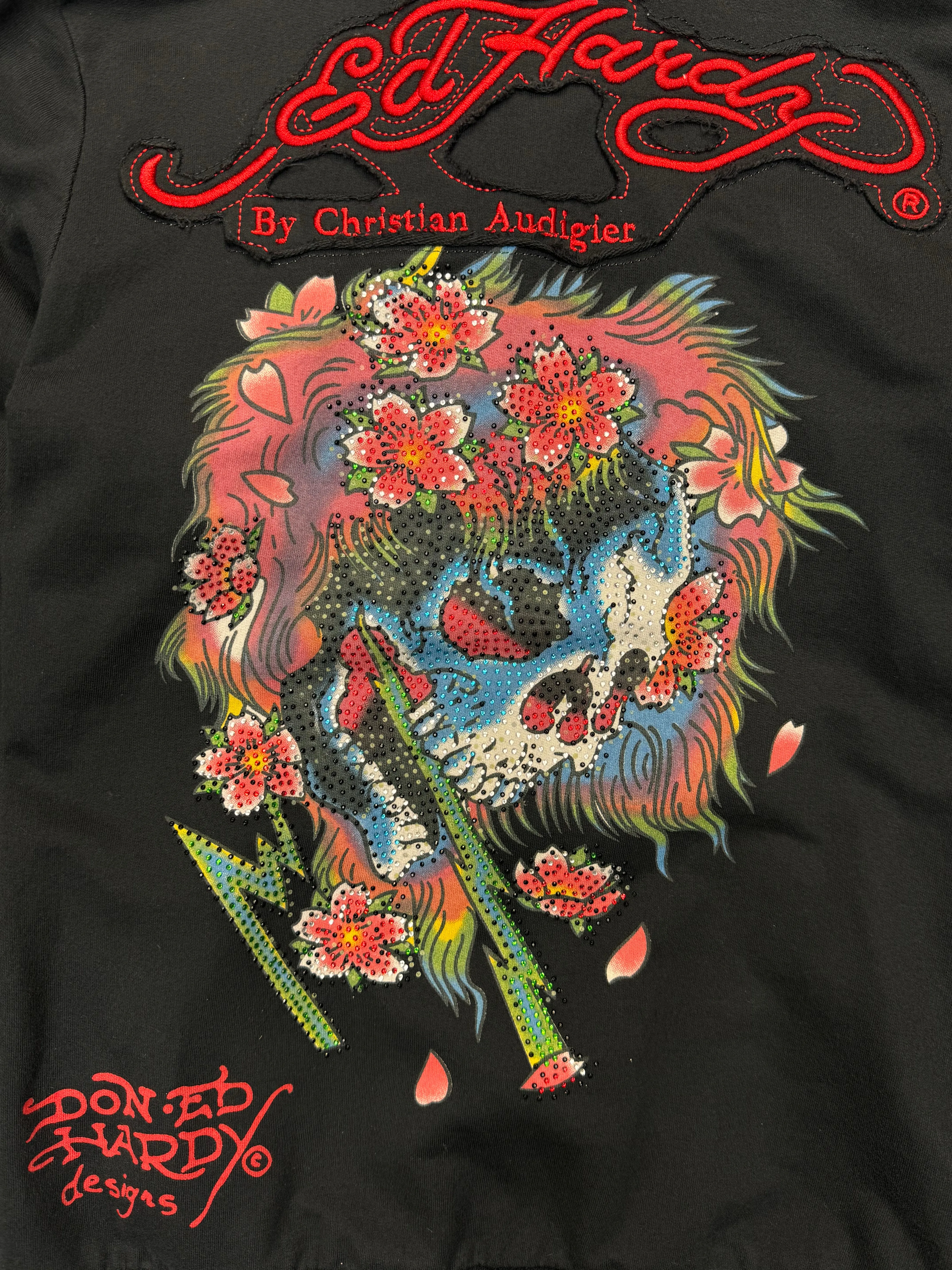 Ed Hardy Rhinestone Skull Back Striped Trim Track Jacket