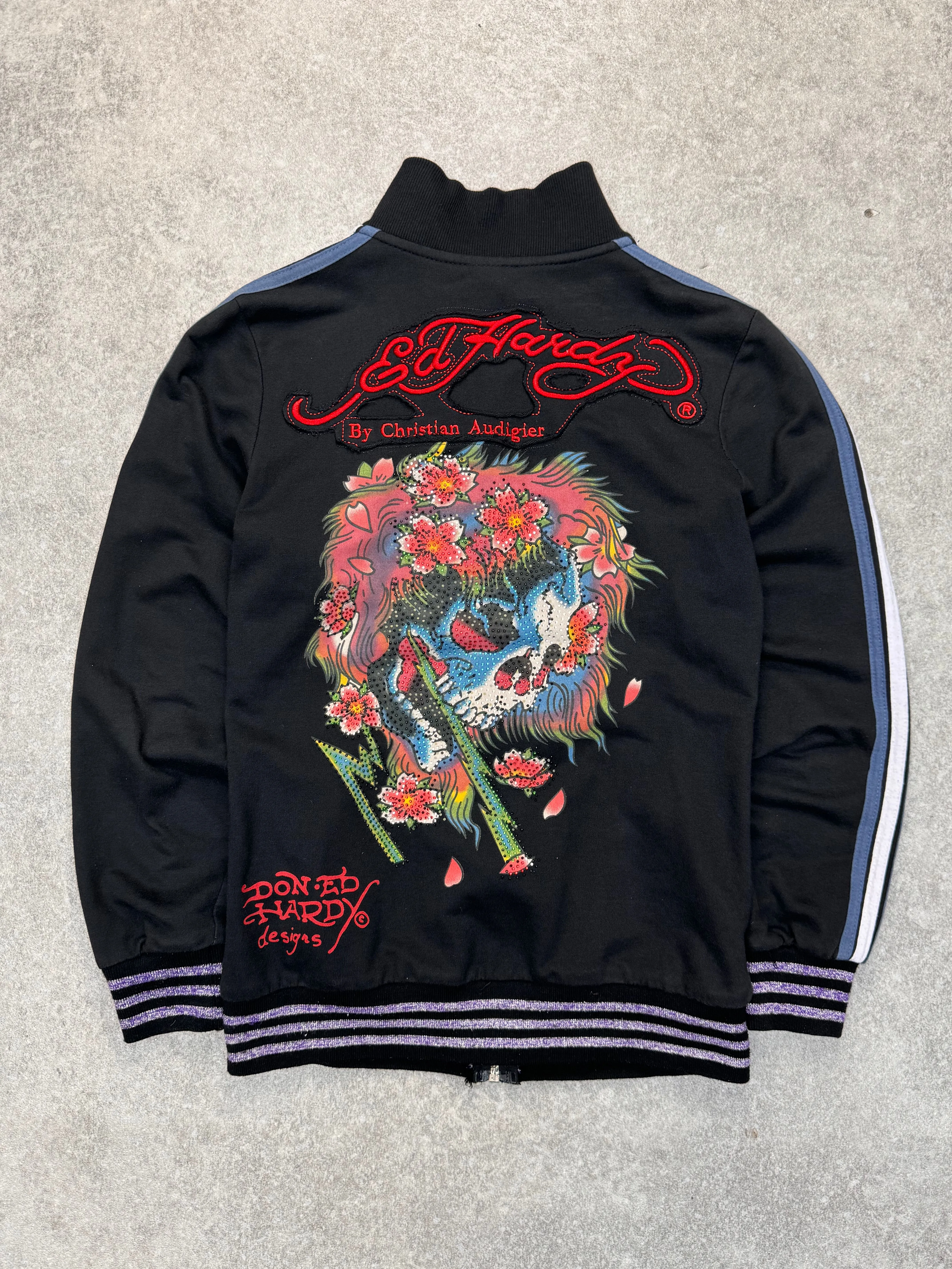 Ed Hardy Rhinestone Skull Back Striped Trim Track Jacket
