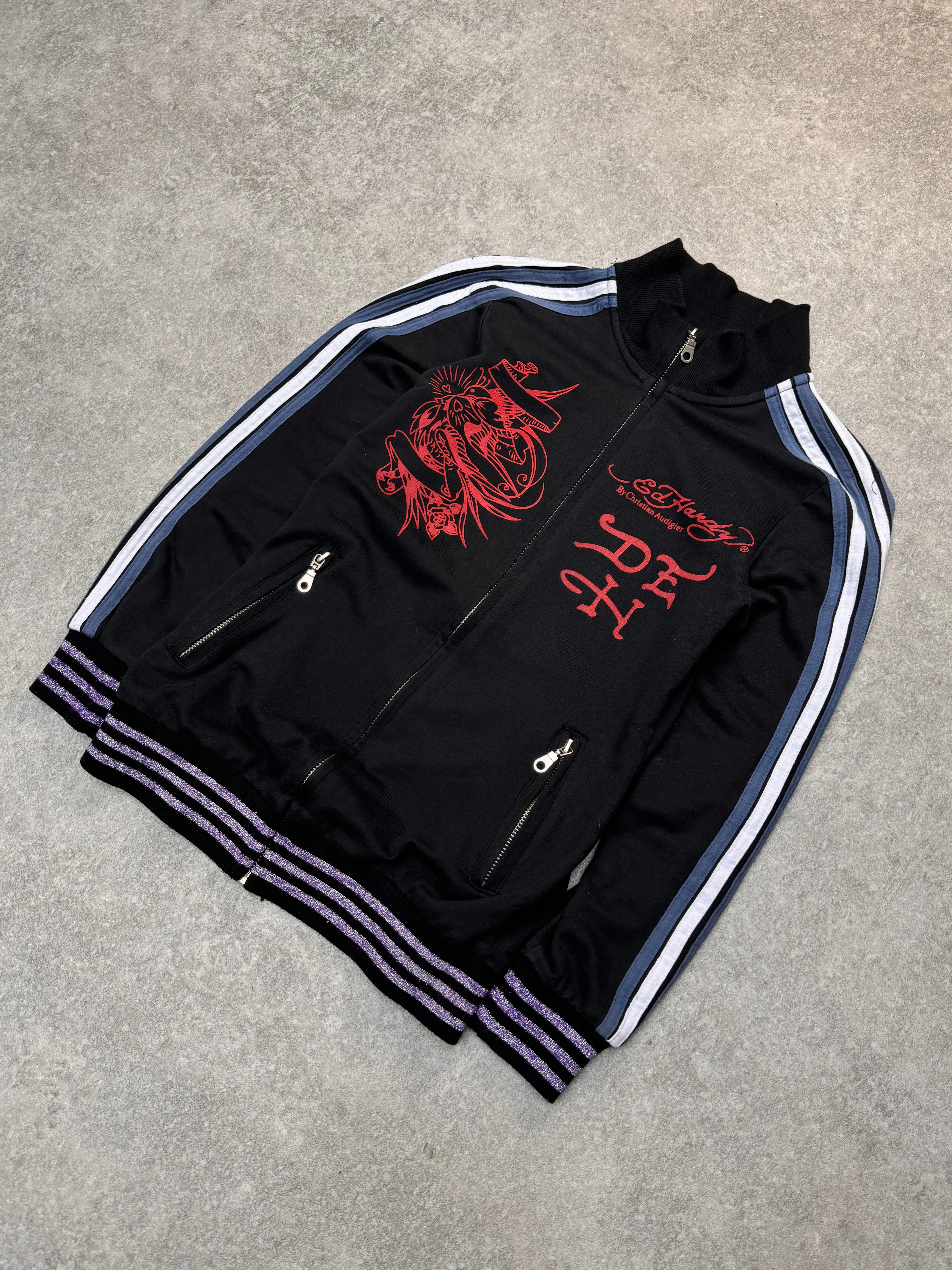 Ed Hardy Rhinestone Skull Back Striped Trim Track Jacket