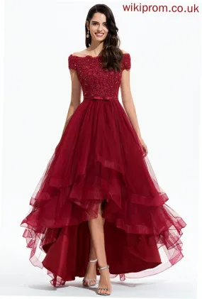 Fabric Sequins Bow(s) Neckline A-Line Silhouette Beading Length Asymmetrical Embellishment Off-the-Shoulder Mylee Bridesmaid Dresses
