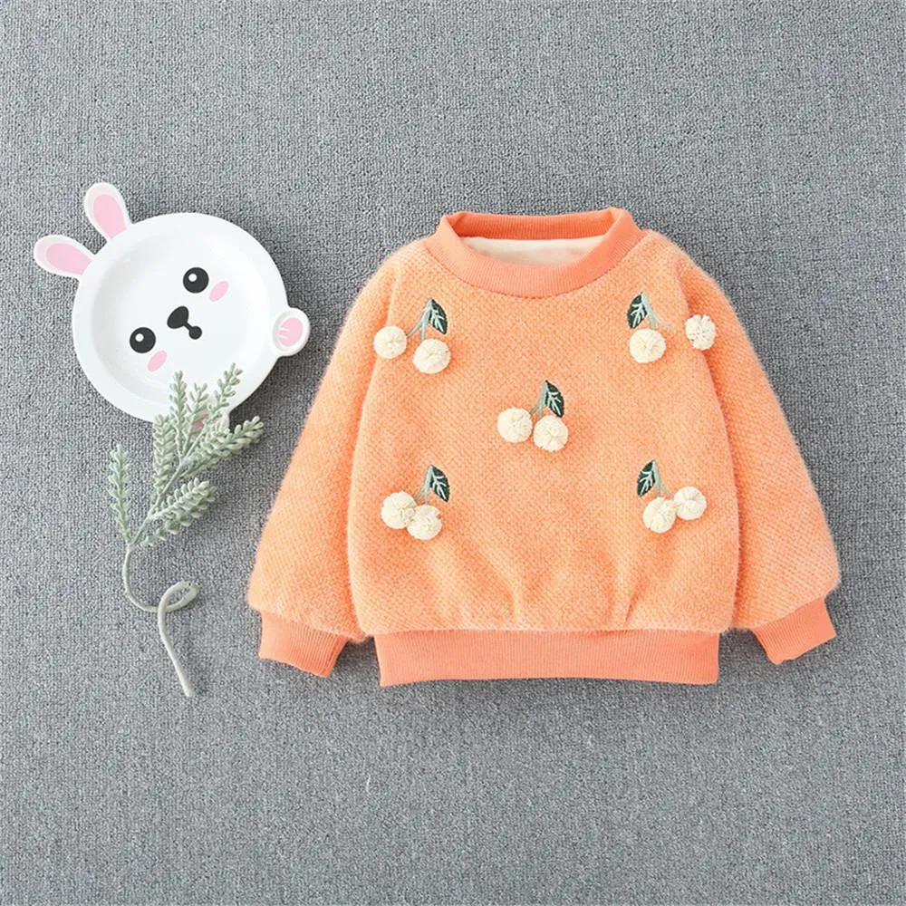 Girls 4PCS Solid Cherry Fur Ball Long Sleeve Sweaters