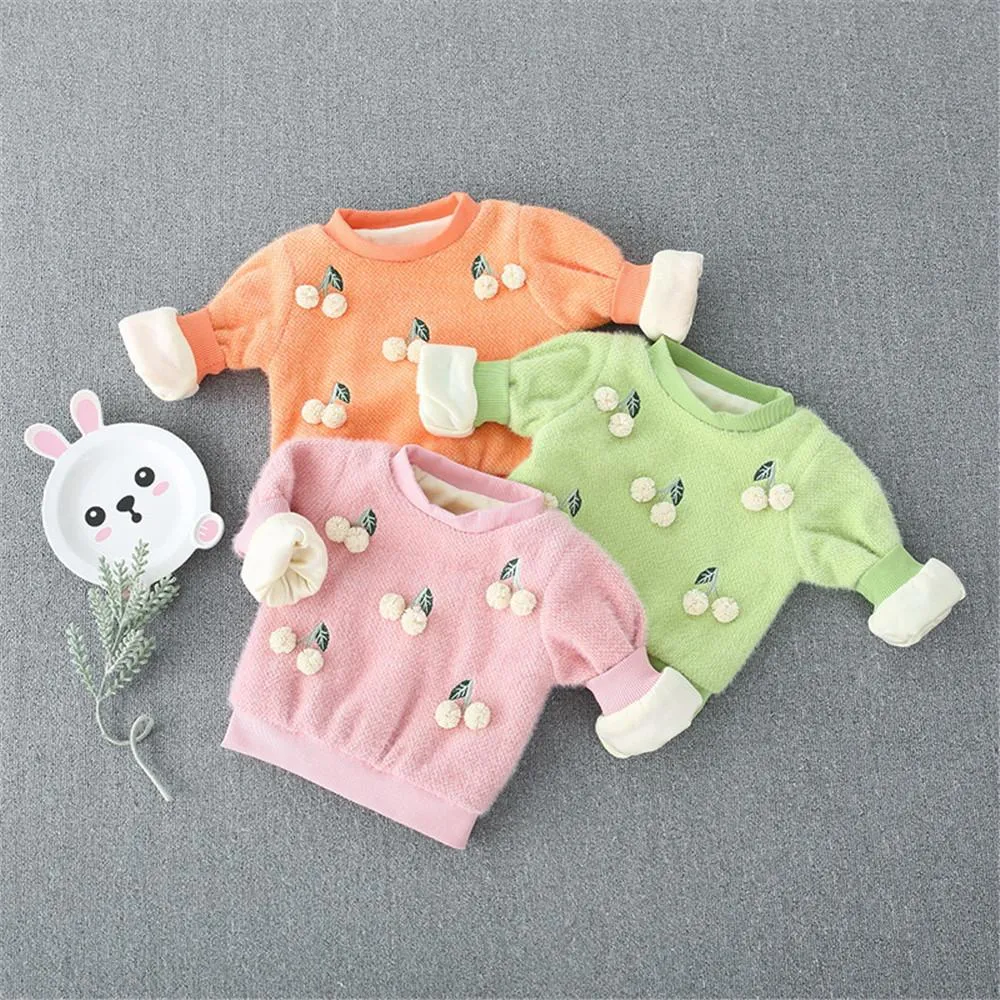 Girls 4PCS Solid Cherry Fur Ball Long Sleeve Sweaters