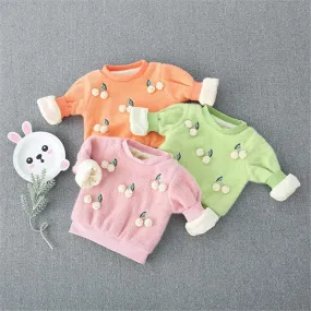 Girls 4PCS Solid Cherry Fur Ball Long Sleeve Sweaters