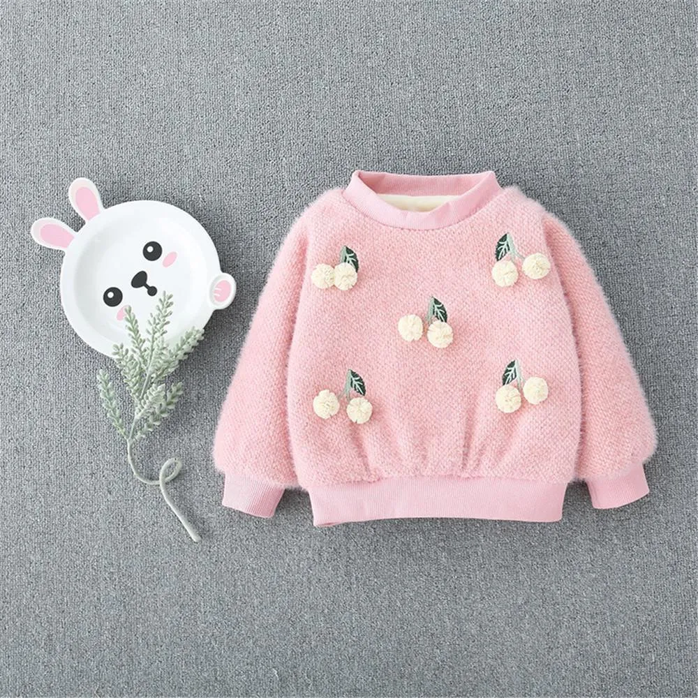 Girls 4PCS Solid Cherry Fur Ball Long Sleeve Sweaters