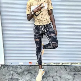 Grey/Black Acid Wash Jeans With Distress