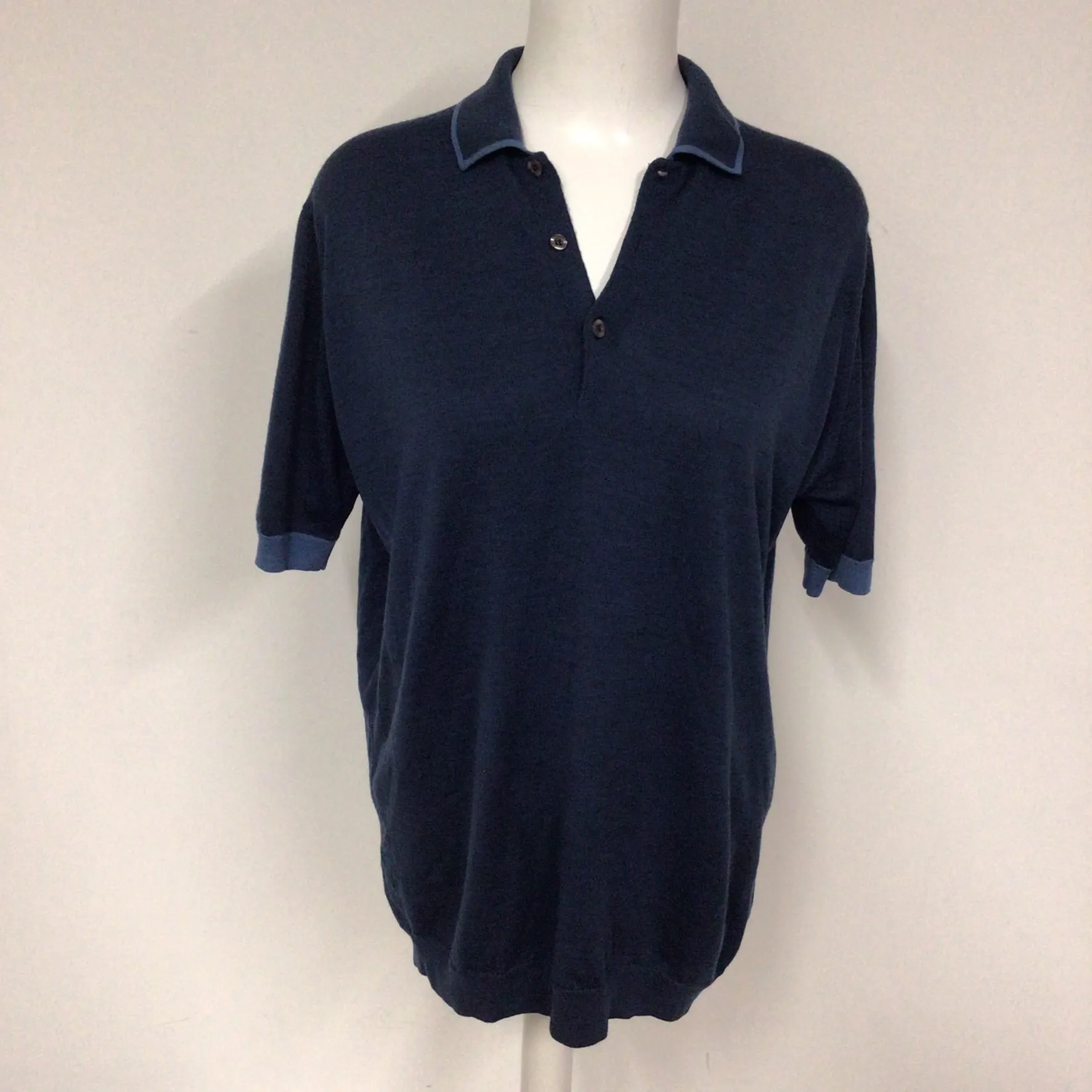 John Smedley Blue 100% Merino Wool Short Sleeve Polo Shirt Size L