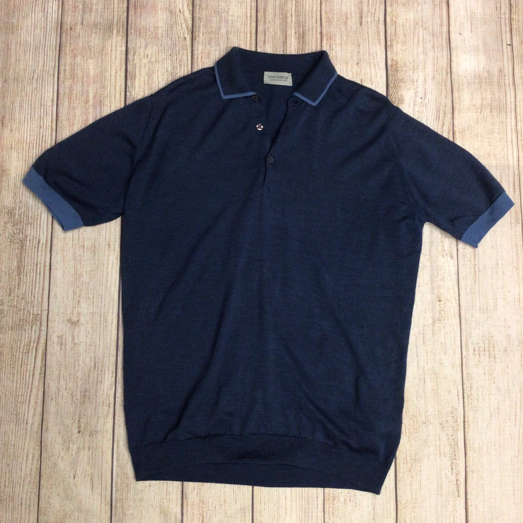 John Smedley Blue 100% Merino Wool Short Sleeve Polo Shirt Size L