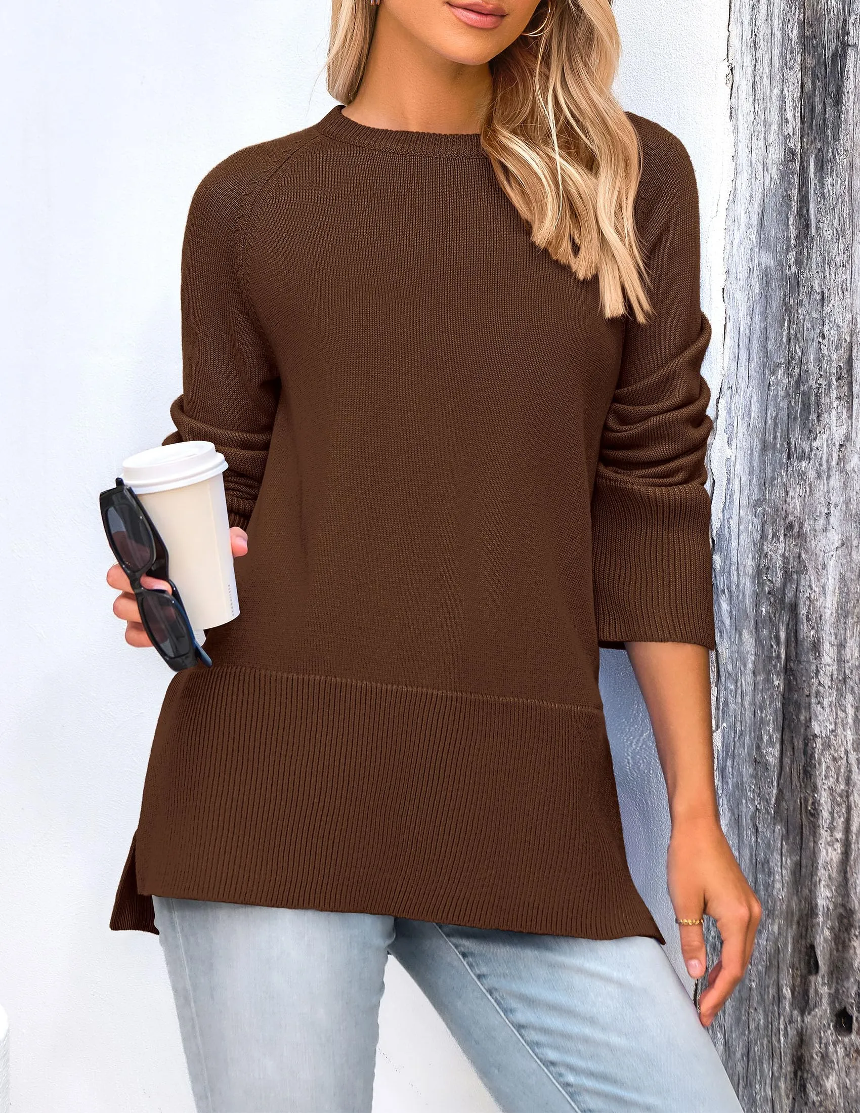 Knit Long Sleeve Crew Neck Split Hem Loose Oversized Tunic Sweaters