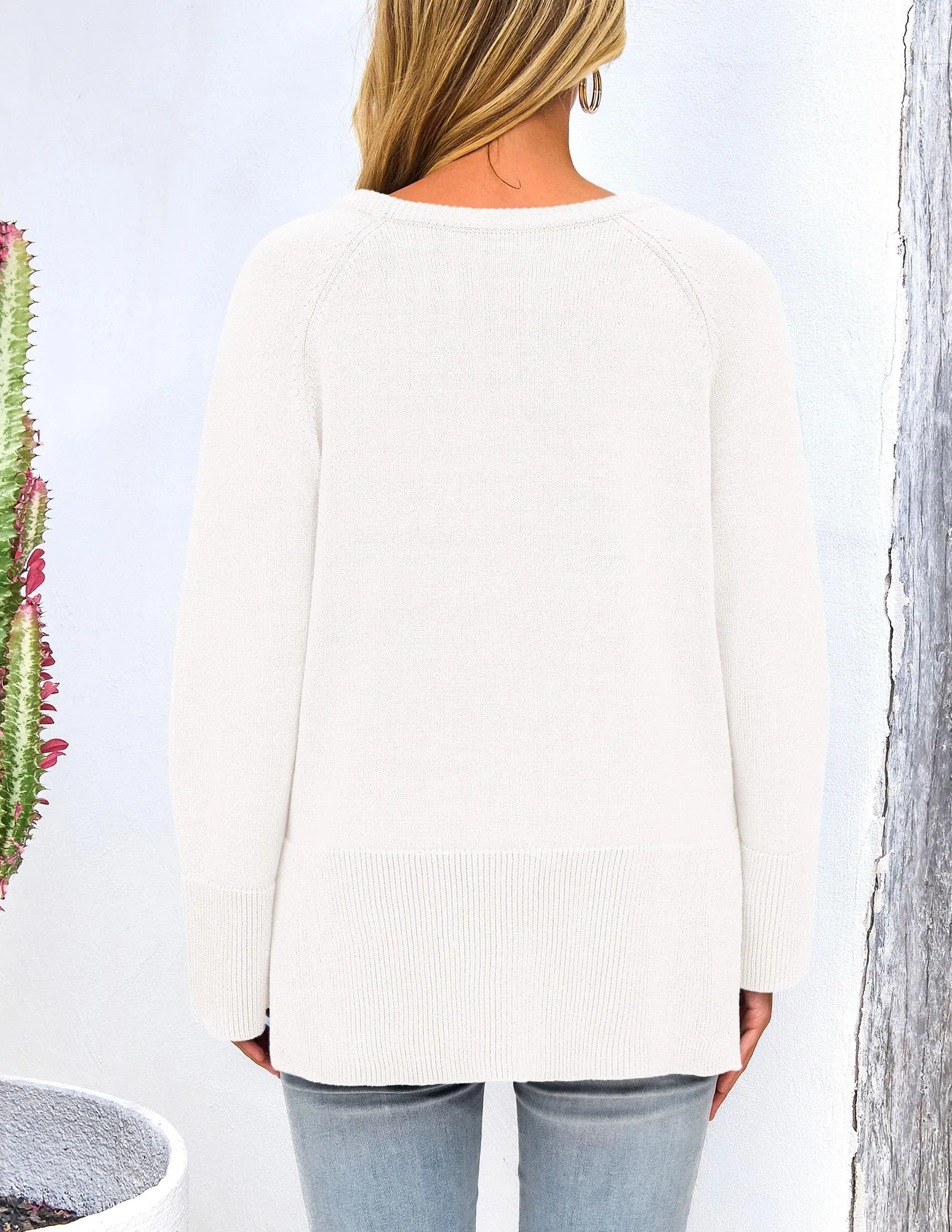Knit Long Sleeve Crew Neck Split Hem Loose Oversized Tunic Sweaters