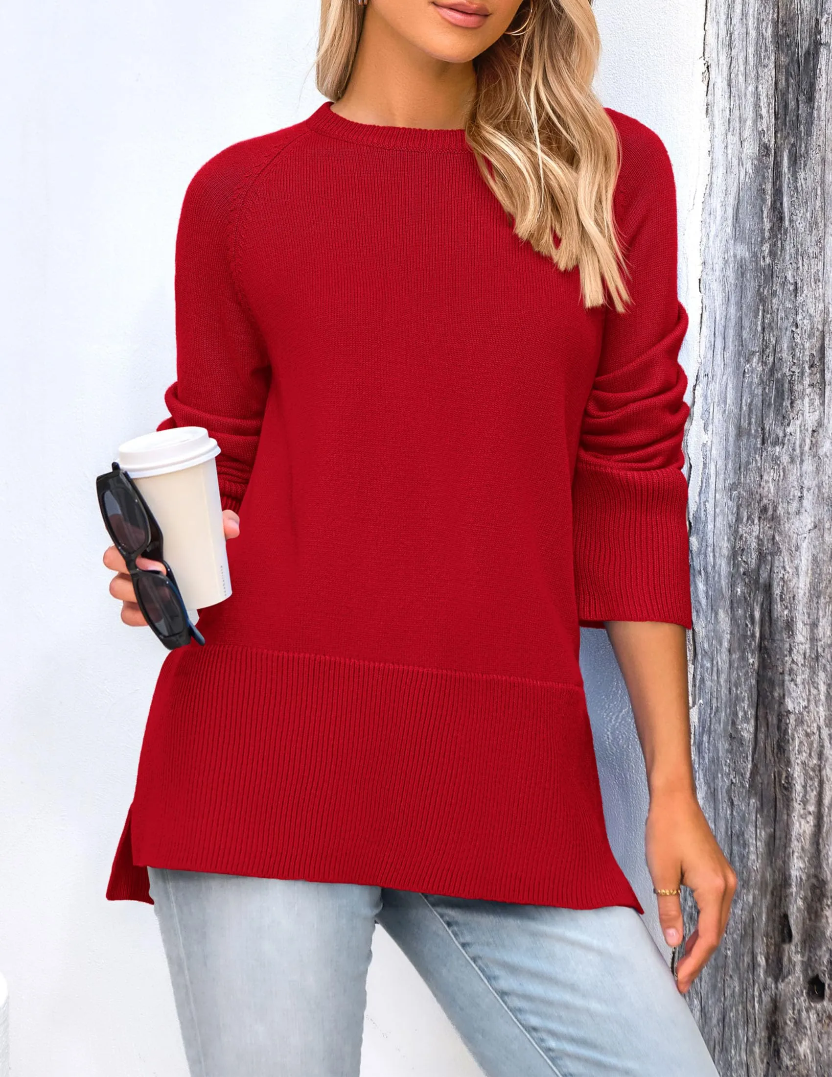 Knit Long Sleeve Crew Neck Split Hem Loose Oversized Tunic Sweaters