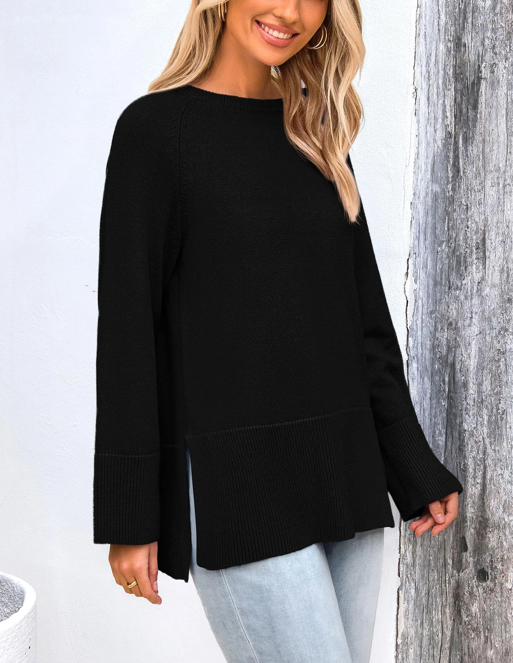 Knit Long Sleeve Crew Neck Split Hem Loose Oversized Tunic Sweaters