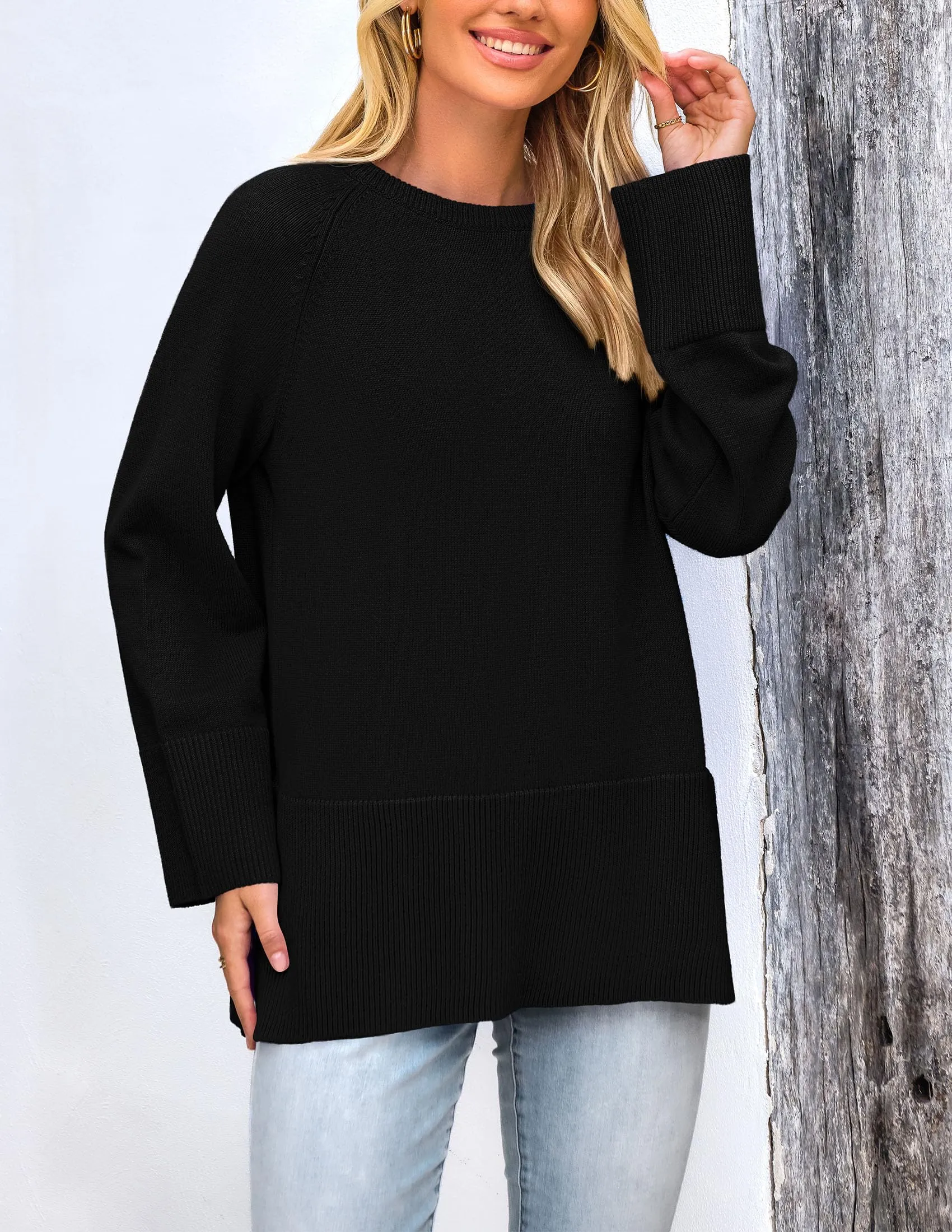 Knit Long Sleeve Crew Neck Split Hem Loose Oversized Tunic Sweaters