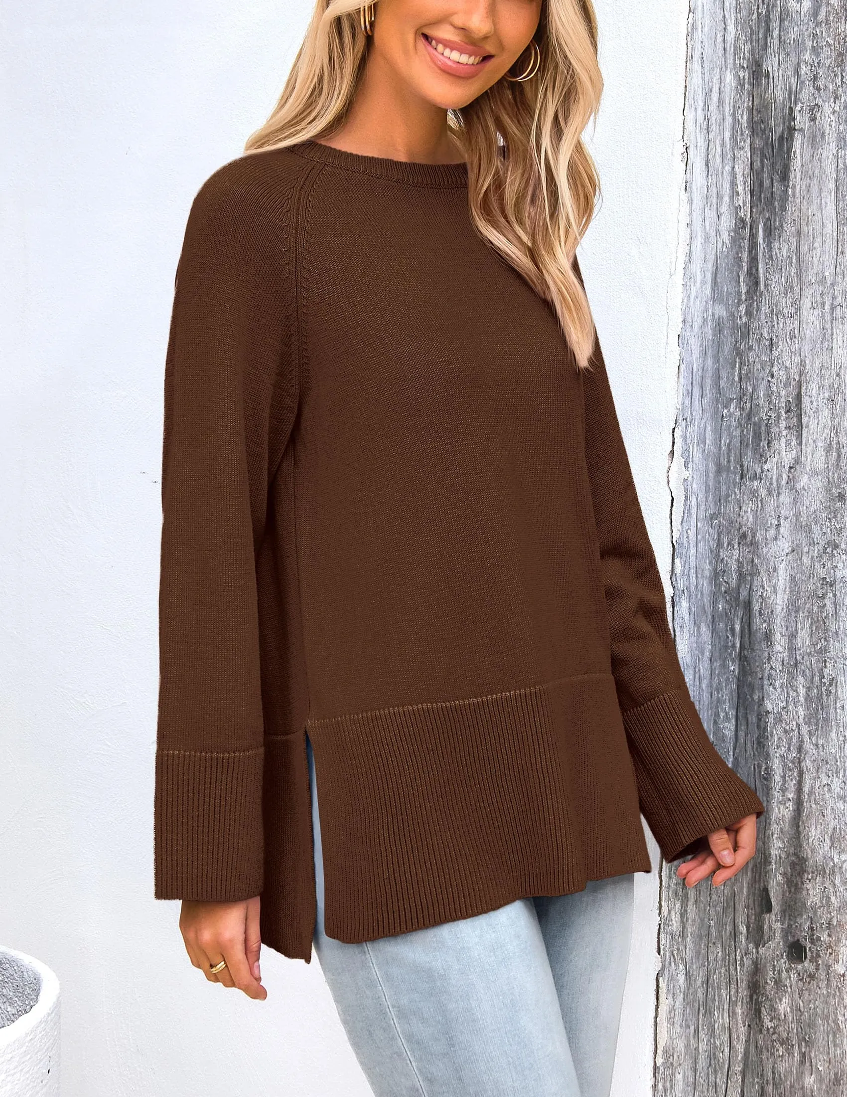 Knit Long Sleeve Crew Neck Split Hem Loose Oversized Tunic Sweaters