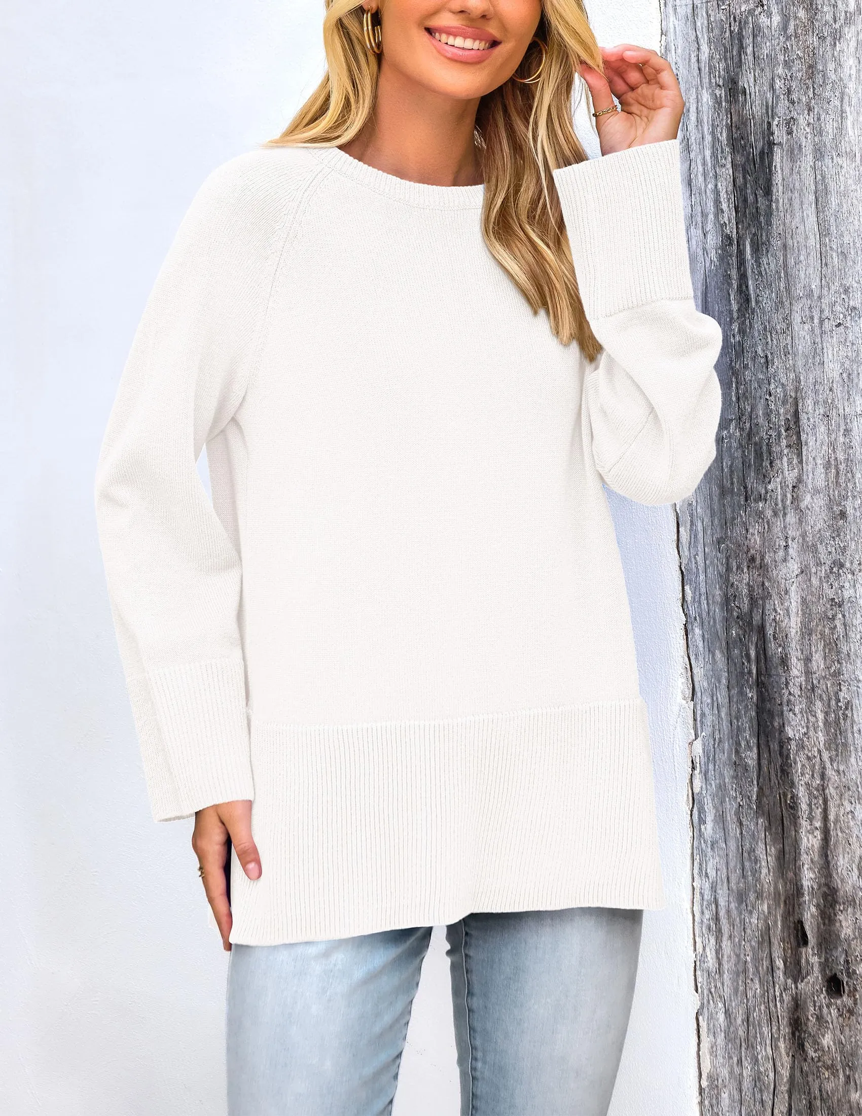 Knit Long Sleeve Crew Neck Split Hem Loose Oversized Tunic Sweaters