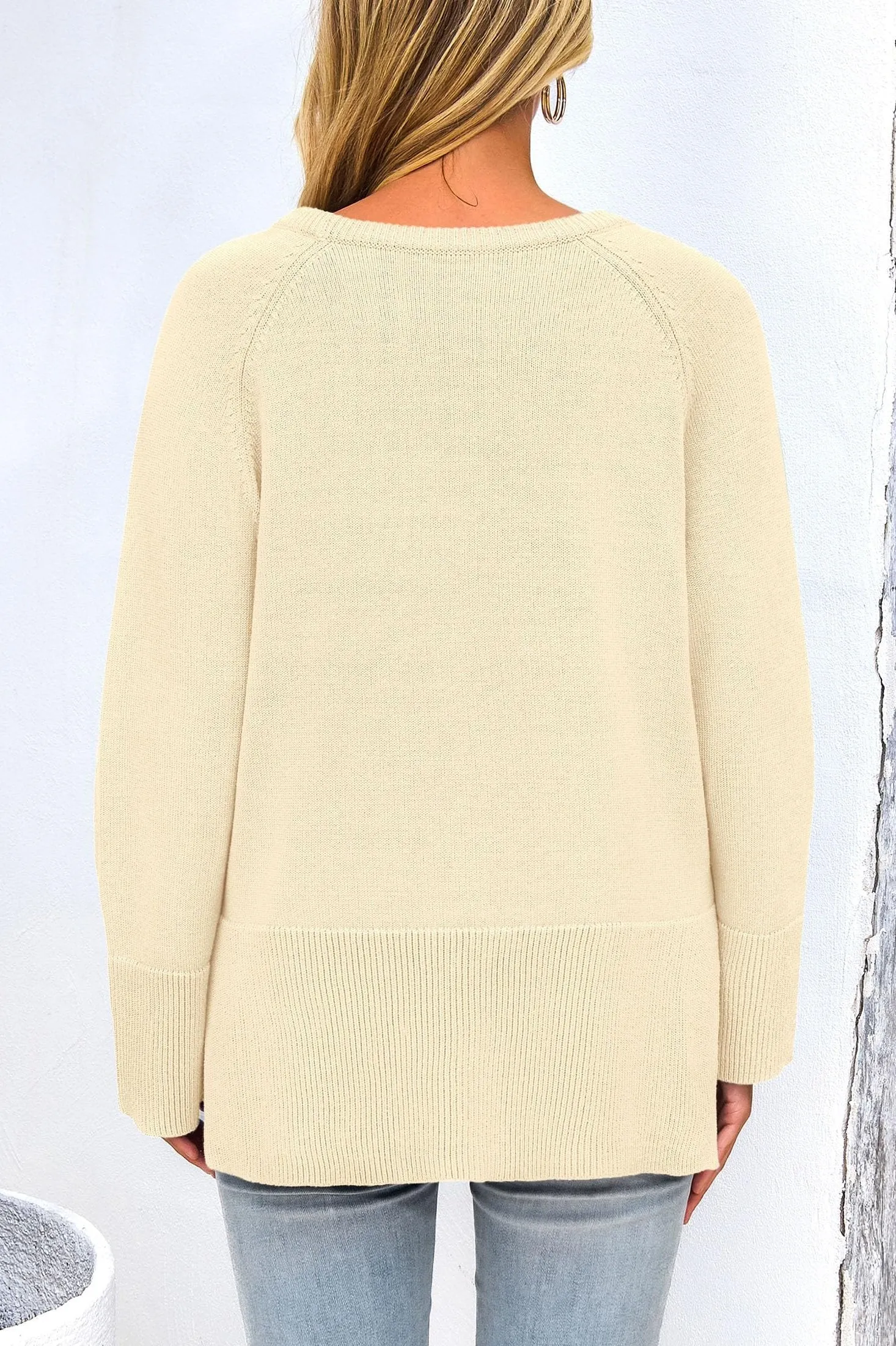 Knit Long Sleeve Crew Neck Split Hem Loose Oversized Tunic Sweaters