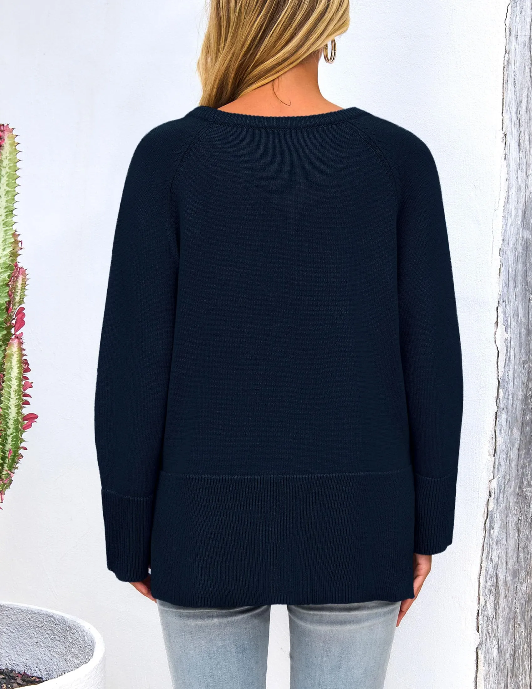 Knit Long Sleeve Crew Neck Split Hem Loose Oversized Tunic Sweaters