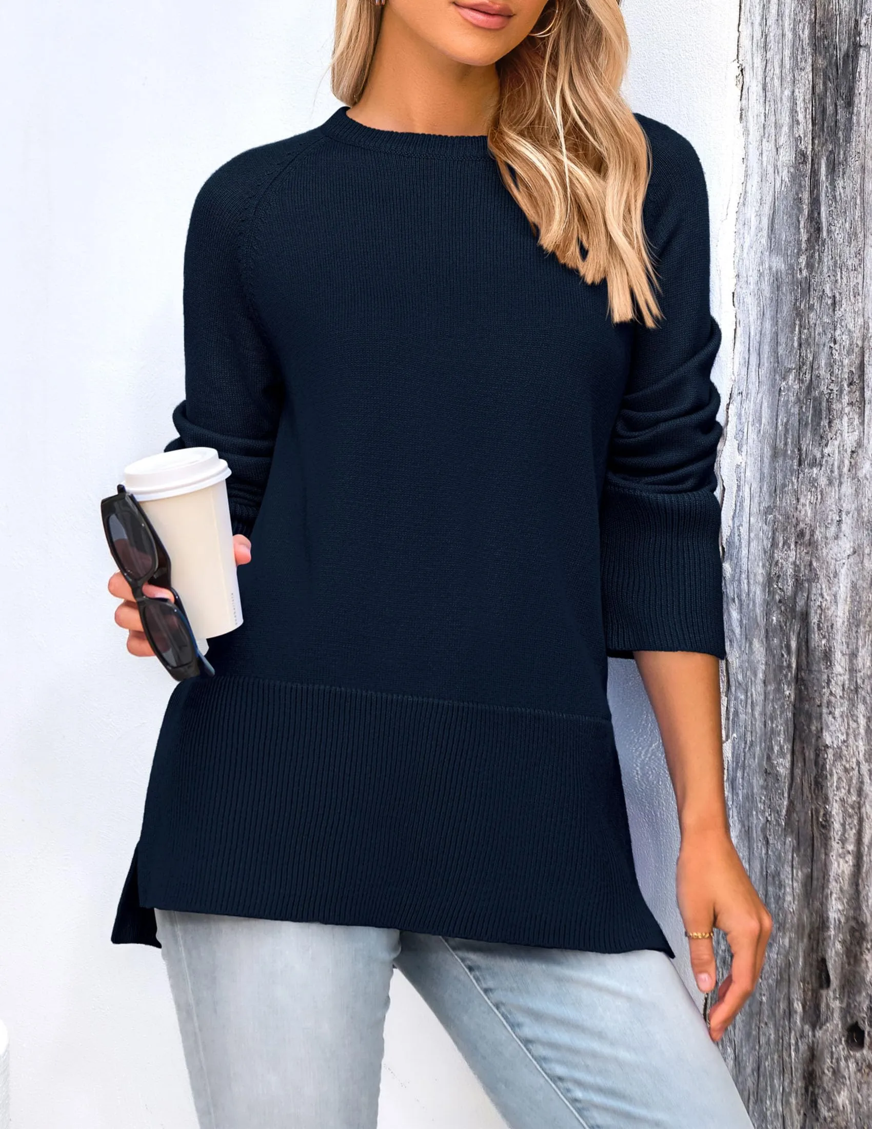 Knit Long Sleeve Crew Neck Split Hem Loose Oversized Tunic Sweaters