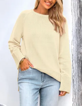 Knit Long Sleeve Crew Neck Split Hem Loose Oversized Tunic Sweaters