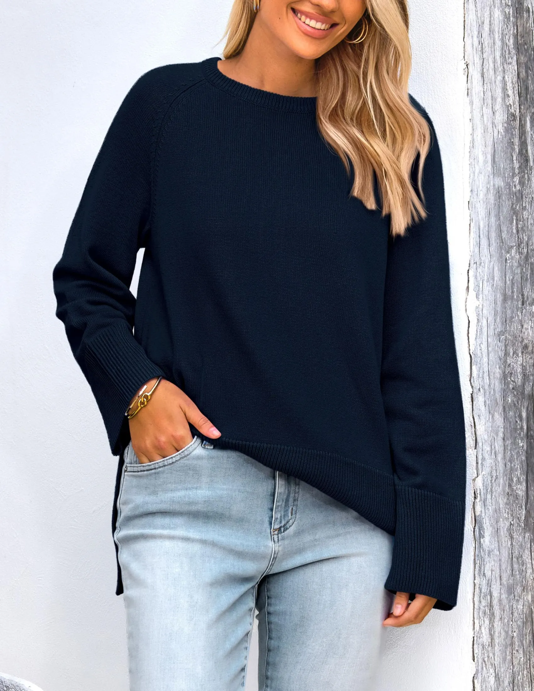 Knit Long Sleeve Crew Neck Split Hem Loose Oversized Tunic Sweaters