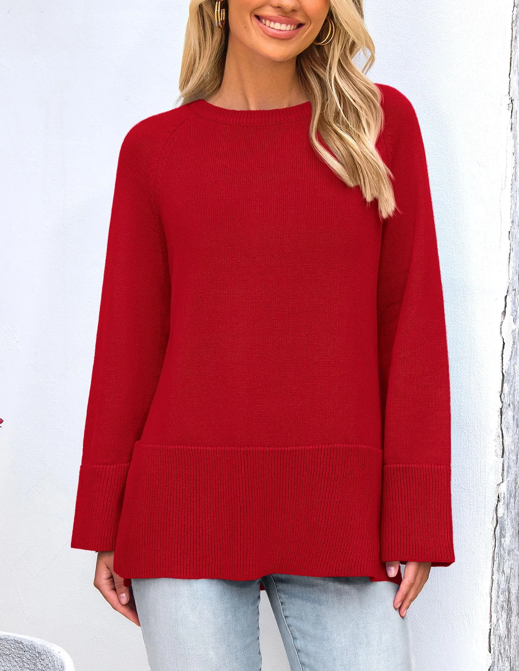 Knit Long Sleeve Crew Neck Split Hem Loose Oversized Tunic Sweaters