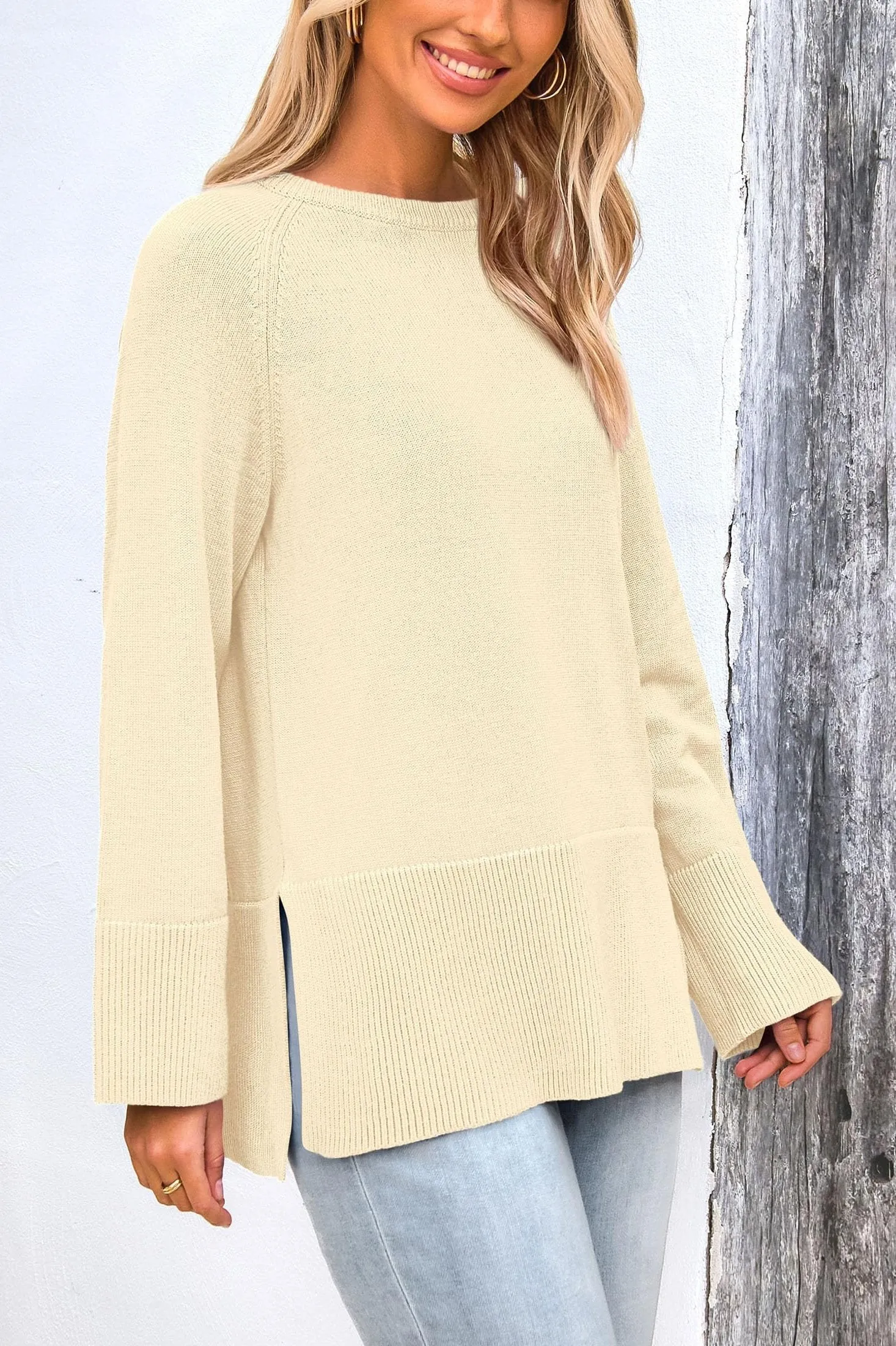 Knit Long Sleeve Crew Neck Split Hem Loose Oversized Tunic Sweaters