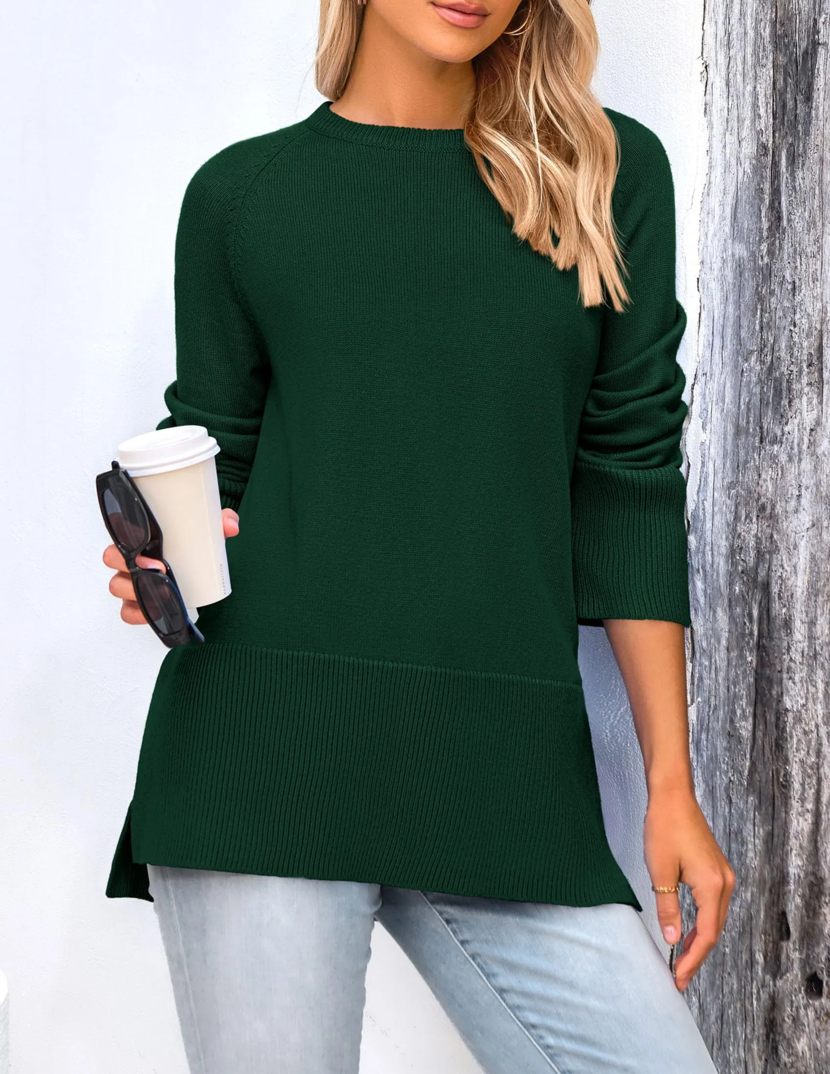 Knit Long Sleeve Crew Neck Split Hem Loose Oversized Tunic Sweaters
