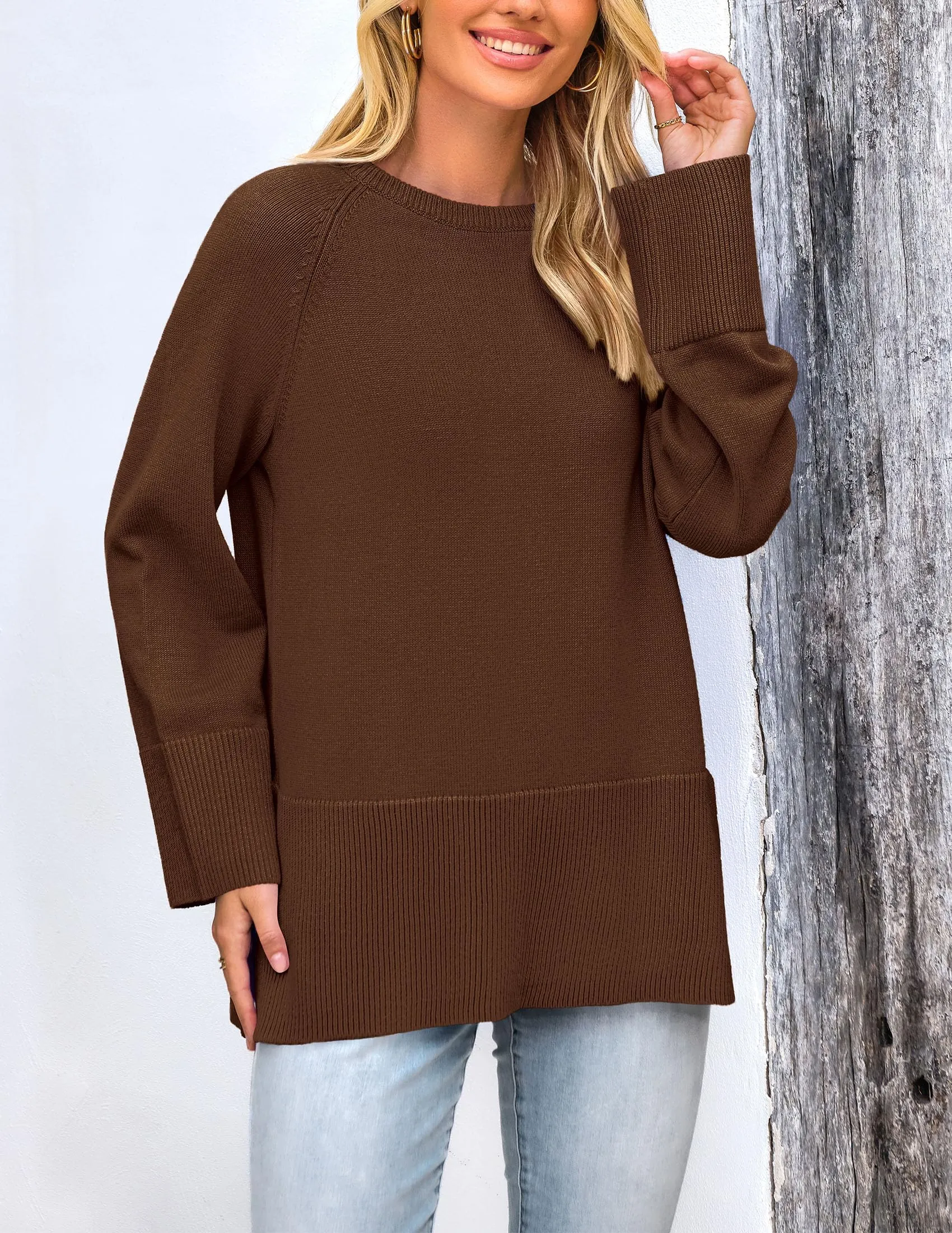 Knit Long Sleeve Crew Neck Split Hem Loose Oversized Tunic Sweaters