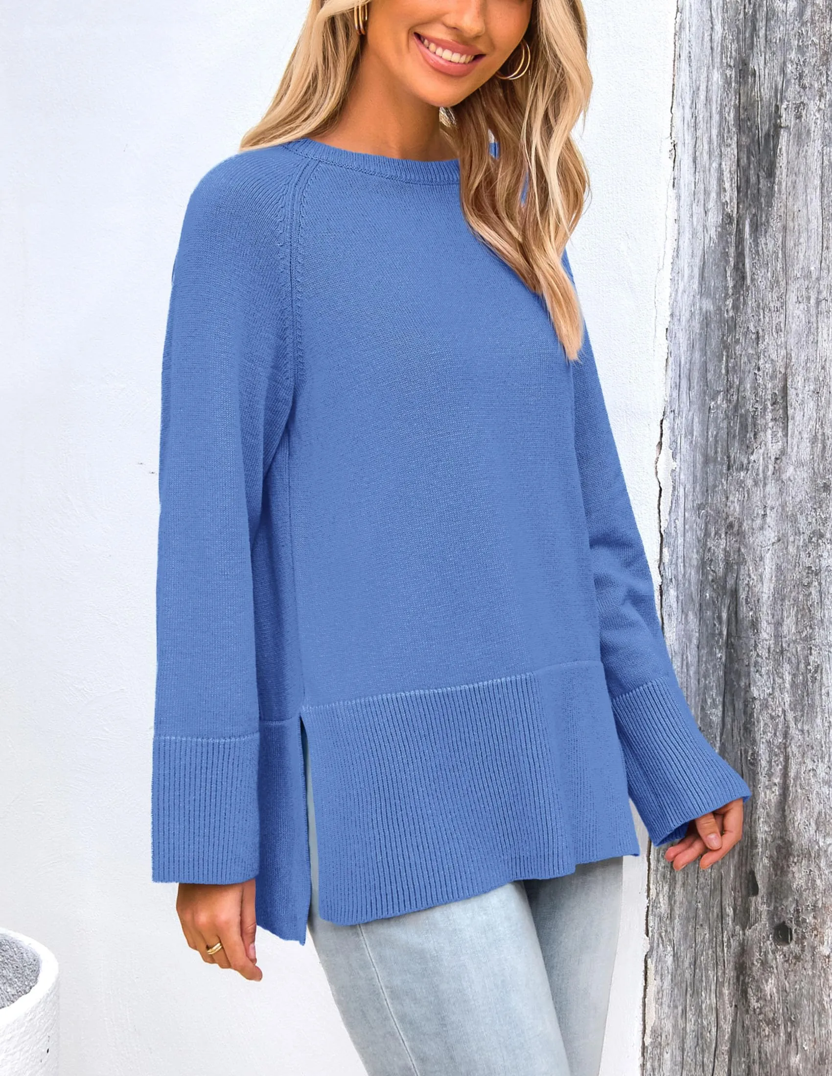 Knit Long Sleeve Crew Neck Split Hem Loose Oversized Tunic Sweaters