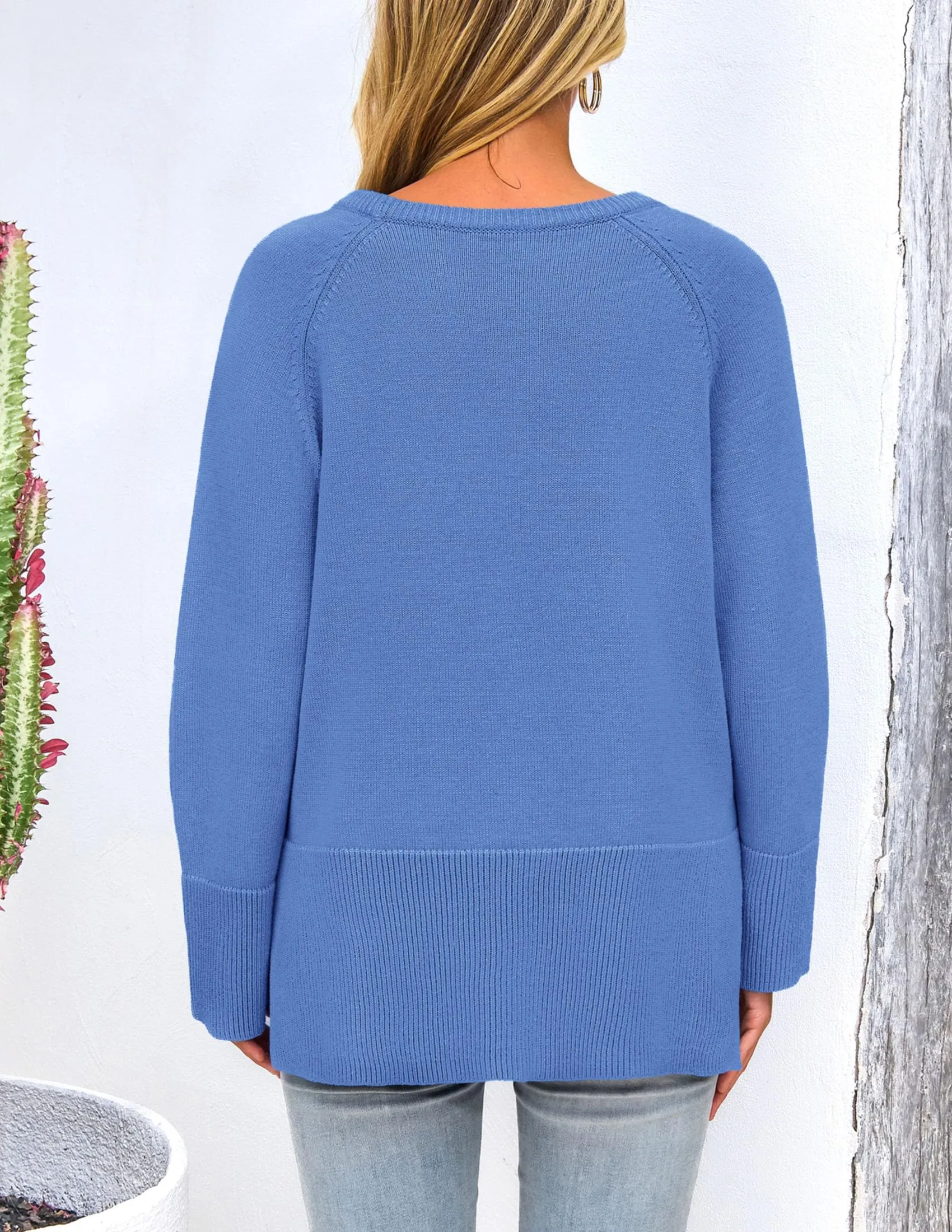 Knit Long Sleeve Crew Neck Split Hem Loose Oversized Tunic Sweaters