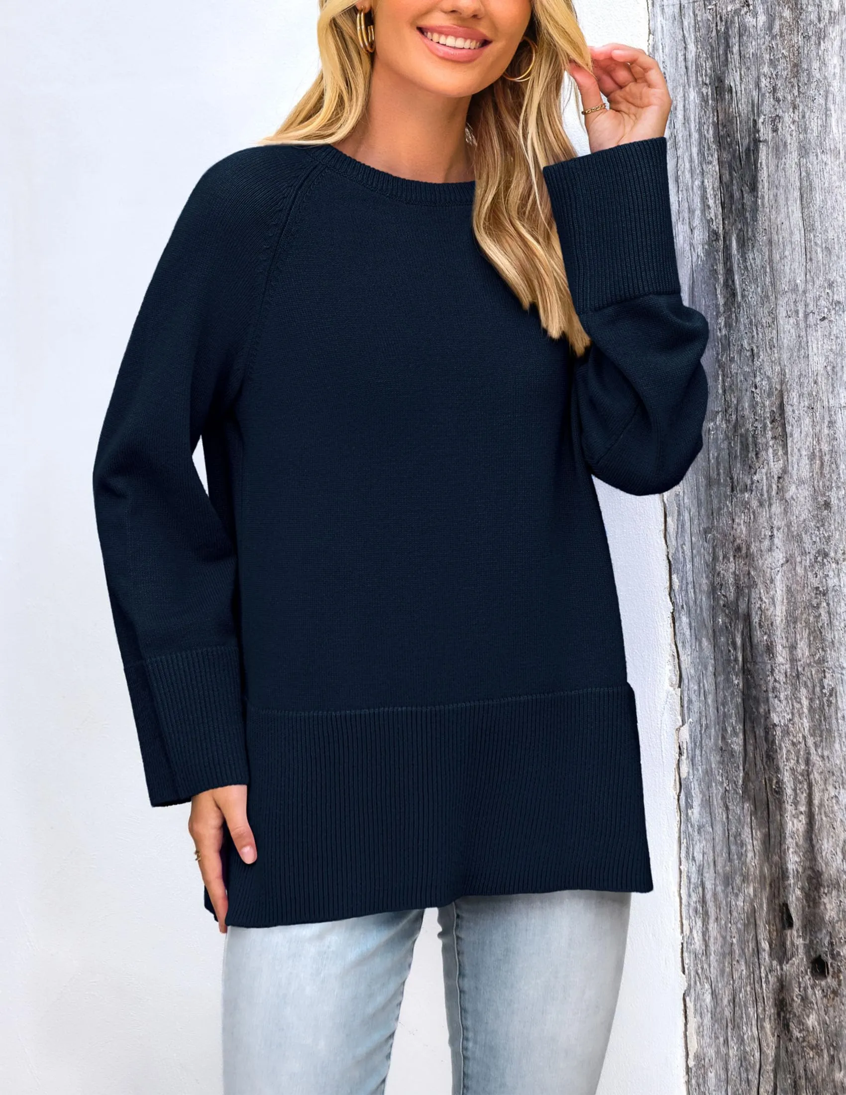 Knit Long Sleeve Crew Neck Split Hem Loose Oversized Tunic Sweaters