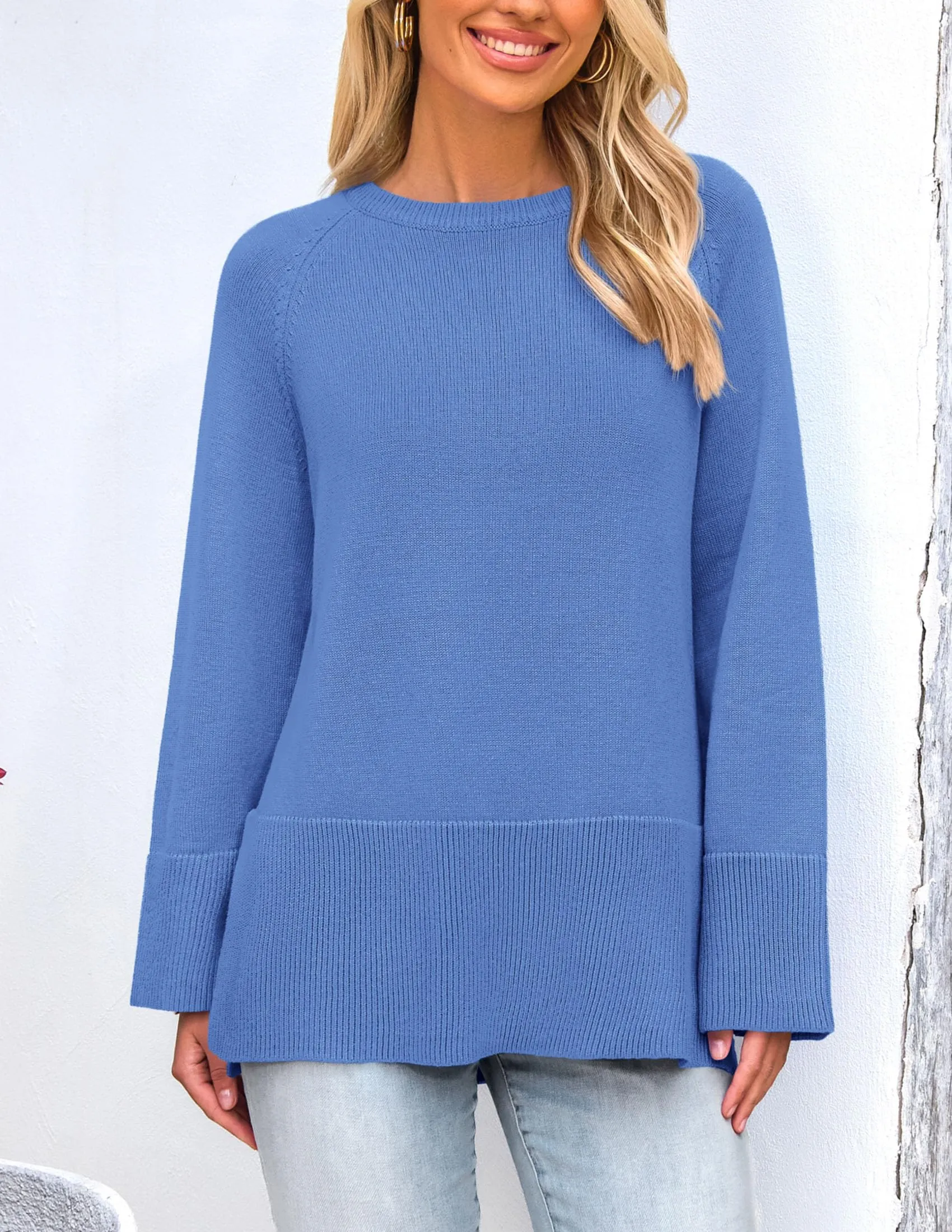 Knit Long Sleeve Crew Neck Split Hem Loose Oversized Tunic Sweaters