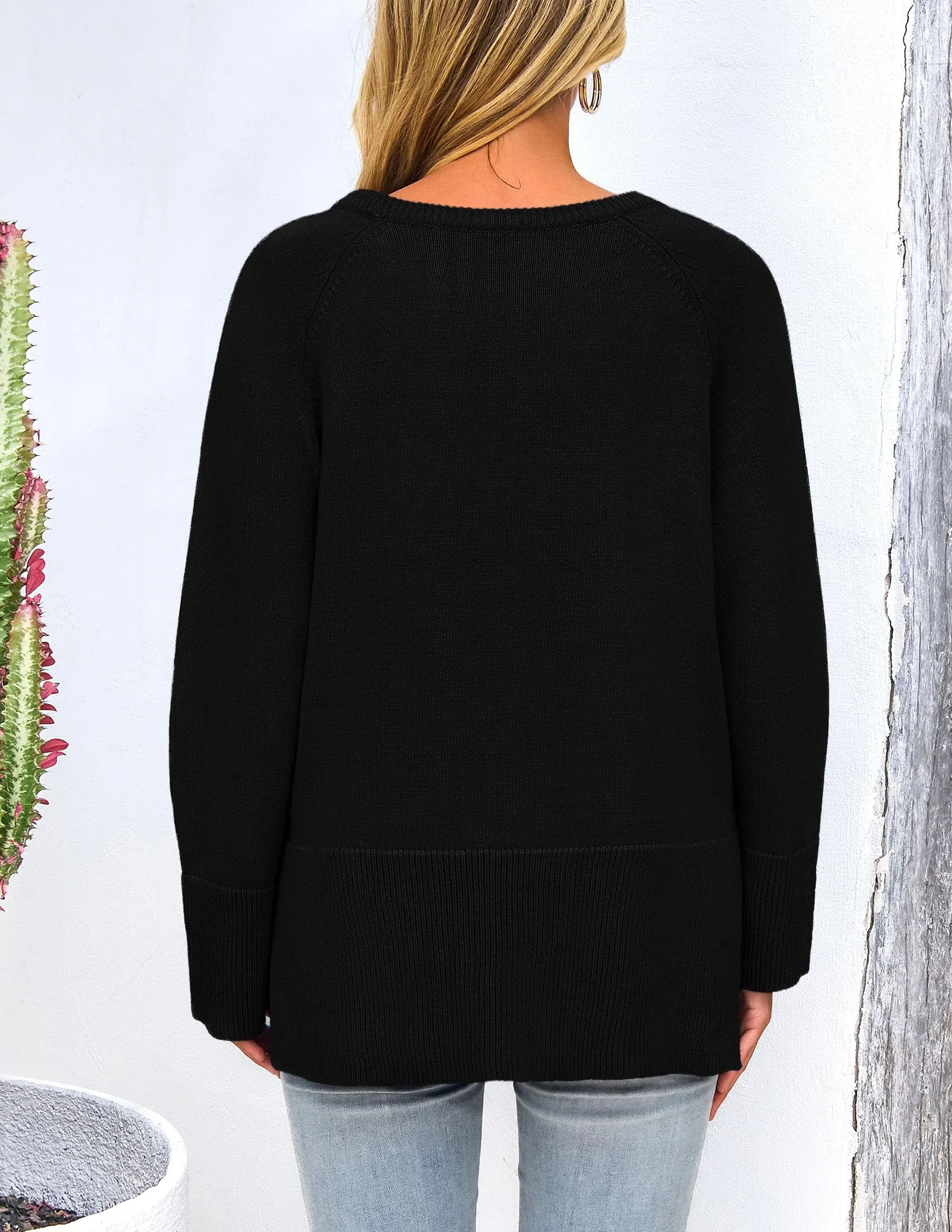 Knit Long Sleeve Crew Neck Split Hem Loose Oversized Tunic Sweaters