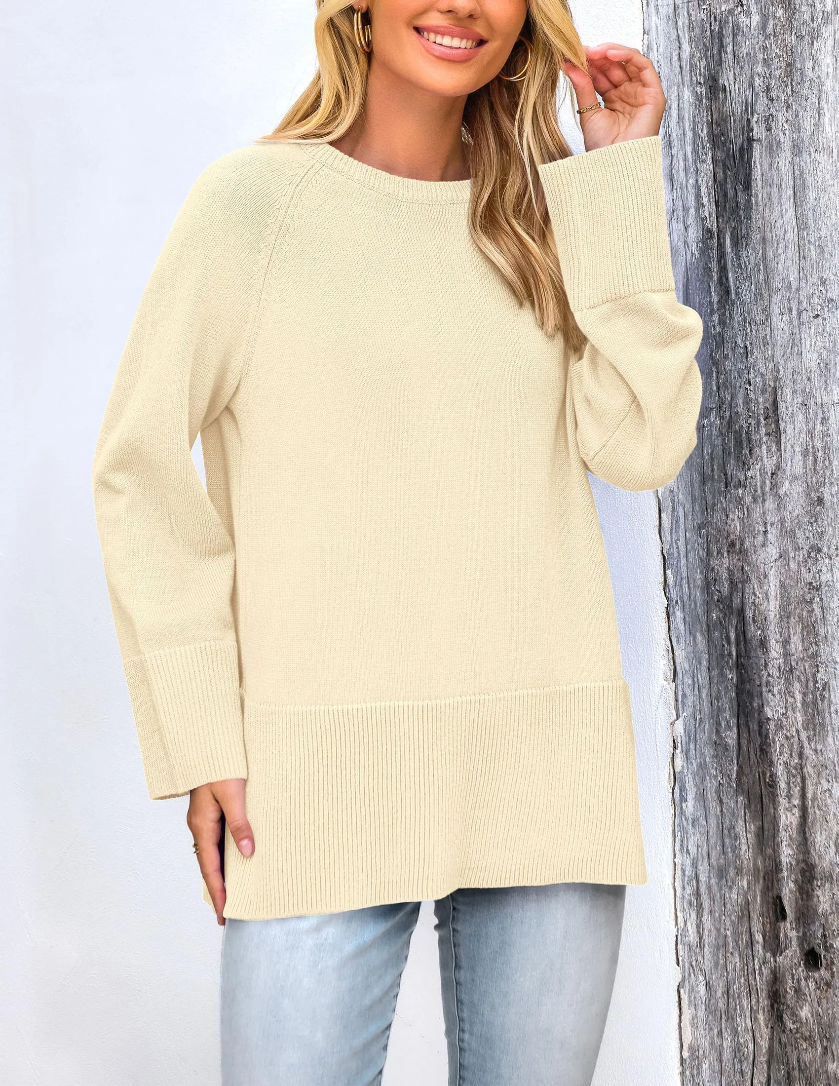 Knit Long Sleeve Crew Neck Split Hem Loose Oversized Tunic Sweaters