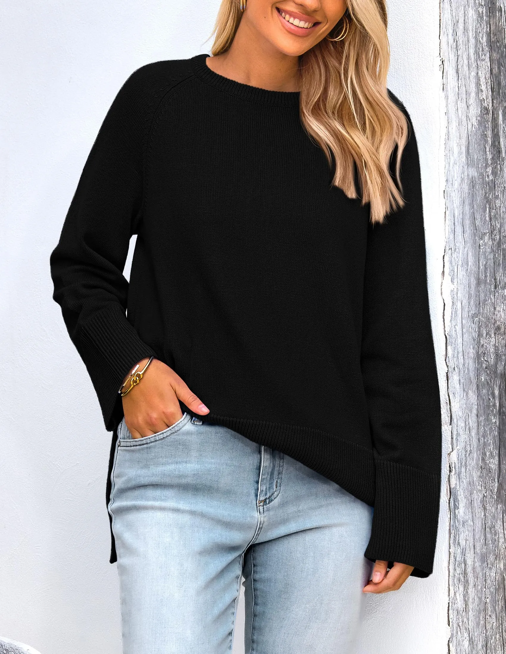 Knit Long Sleeve Crew Neck Split Hem Loose Oversized Tunic Sweaters