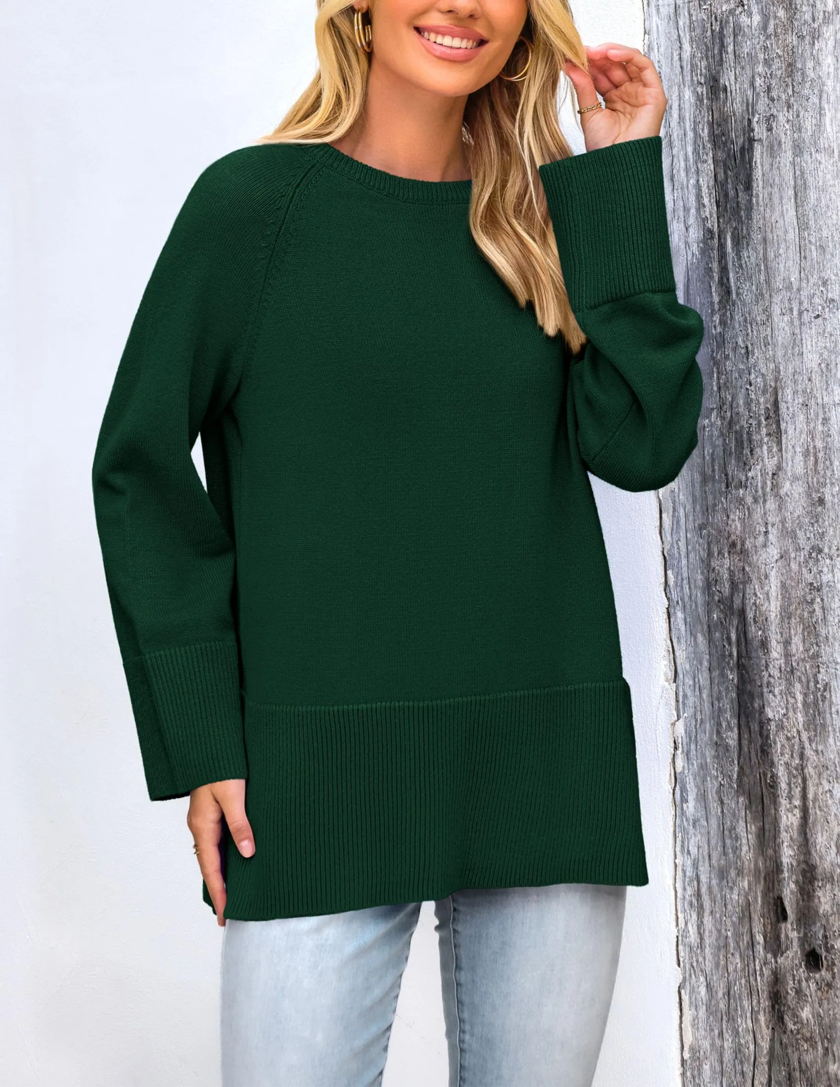 Knit Long Sleeve Crew Neck Split Hem Loose Oversized Tunic Sweaters
