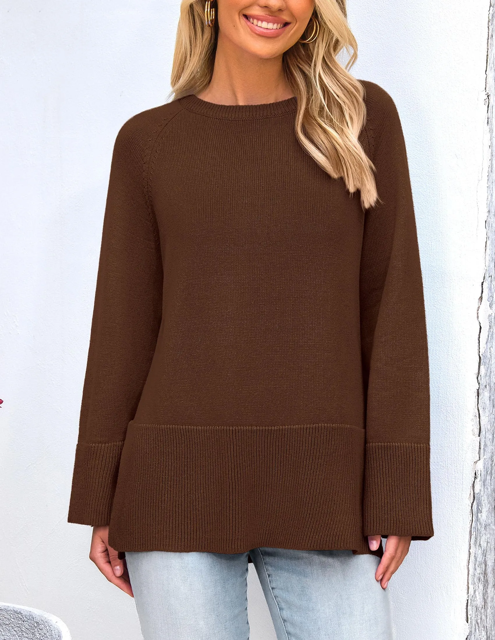 Knit Long Sleeve Crew Neck Split Hem Loose Oversized Tunic Sweaters