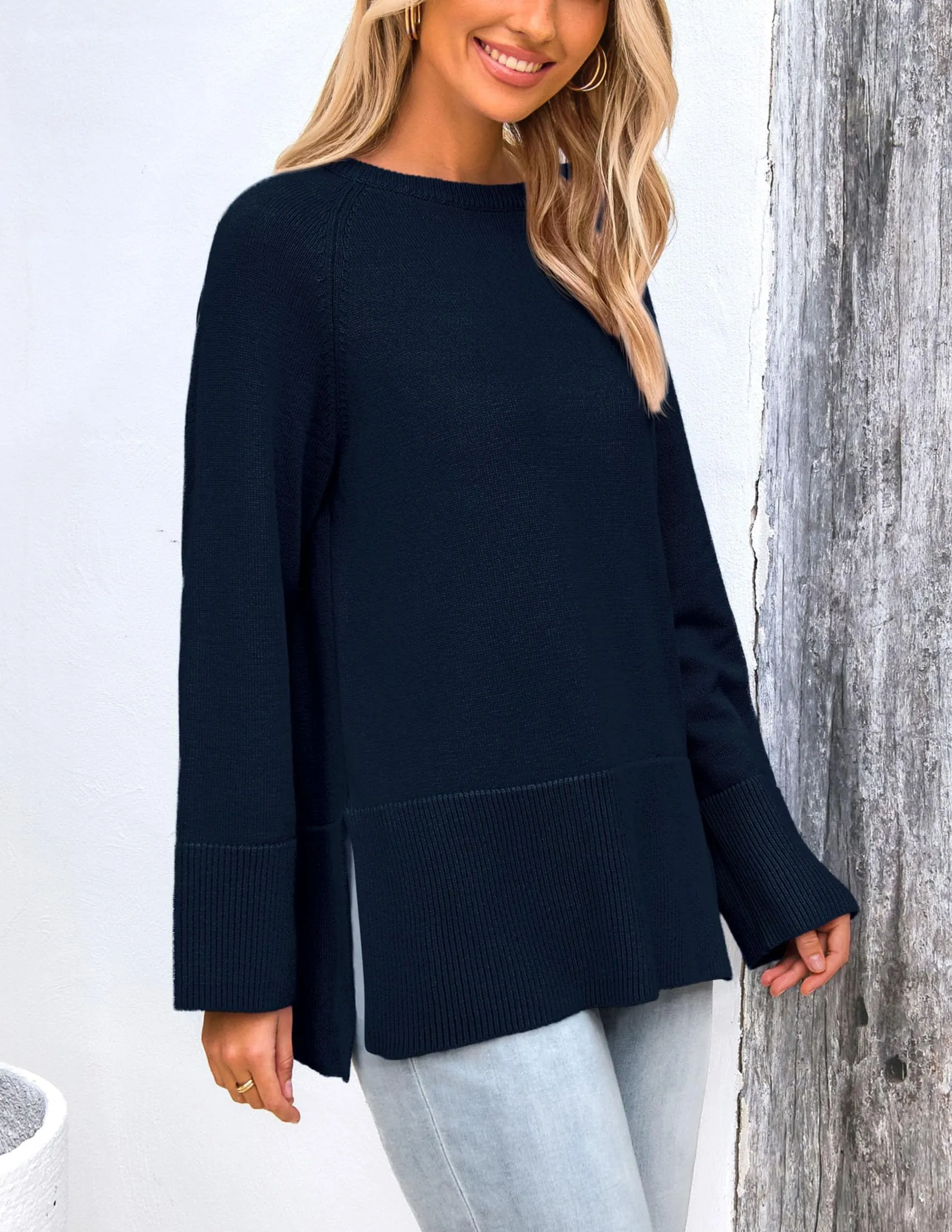 Knit Long Sleeve Crew Neck Split Hem Loose Oversized Tunic Sweaters