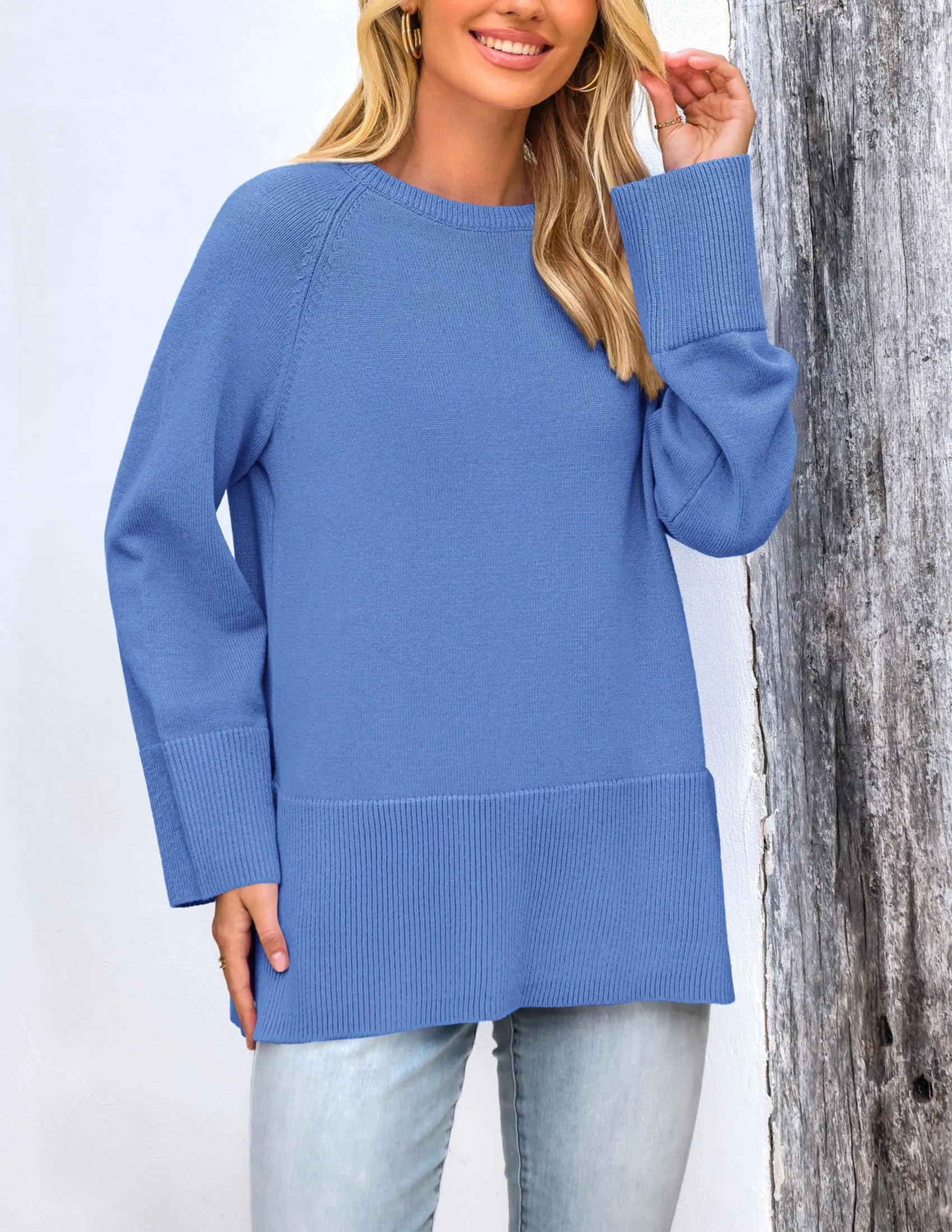 Knit Long Sleeve Crew Neck Split Hem Loose Oversized Tunic Sweaters