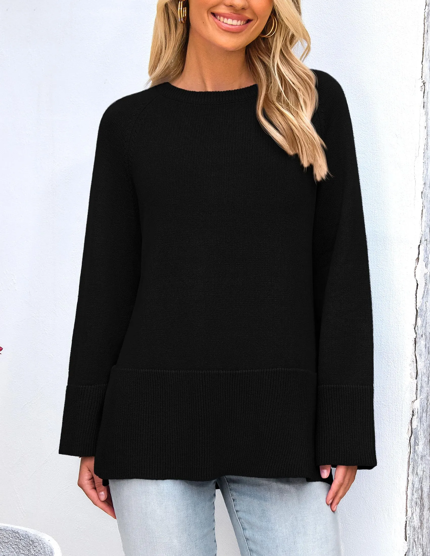 Knit Long Sleeve Crew Neck Split Hem Loose Oversized Tunic Sweaters