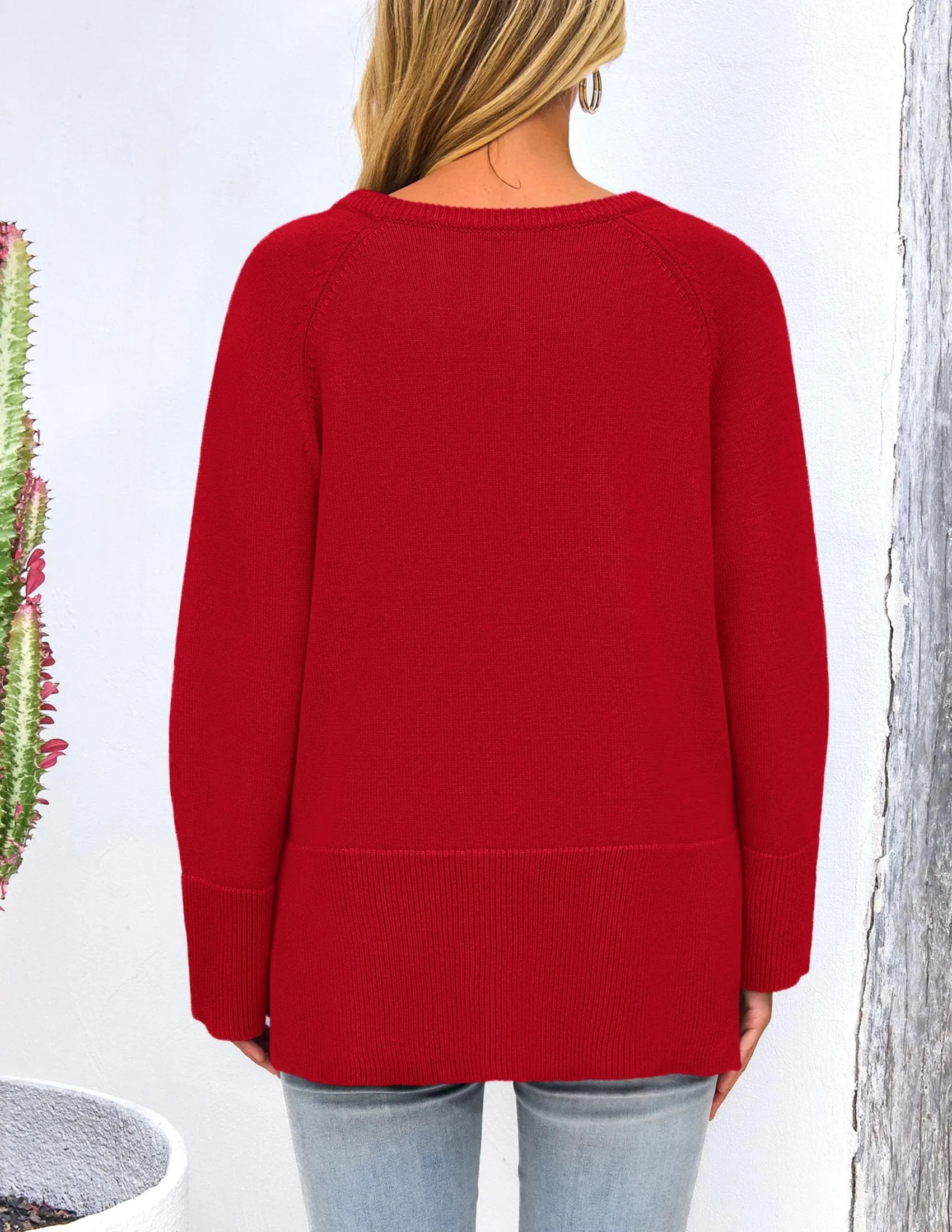Knit Long Sleeve Crew Neck Split Hem Loose Oversized Tunic Sweaters