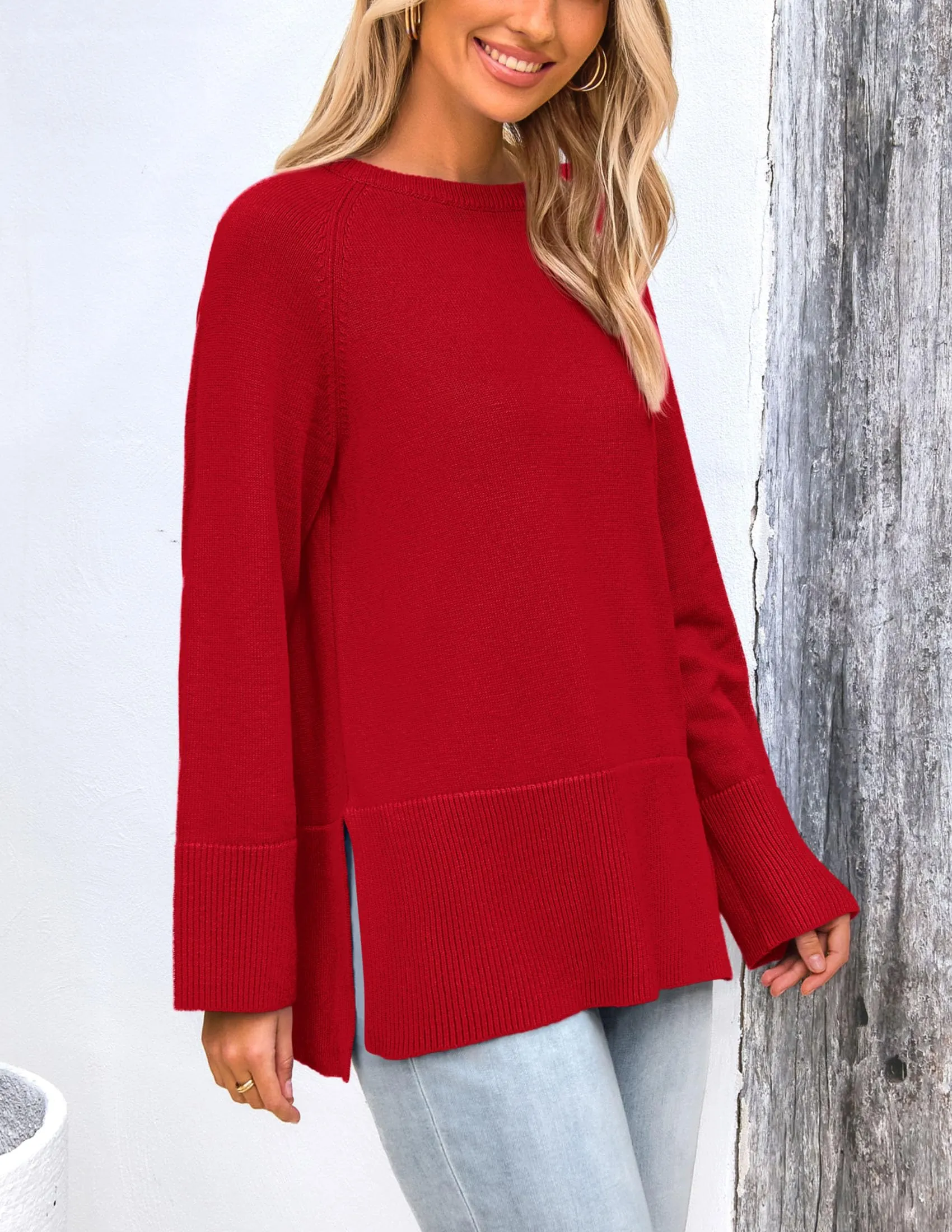 Knit Long Sleeve Crew Neck Split Hem Loose Oversized Tunic Sweaters