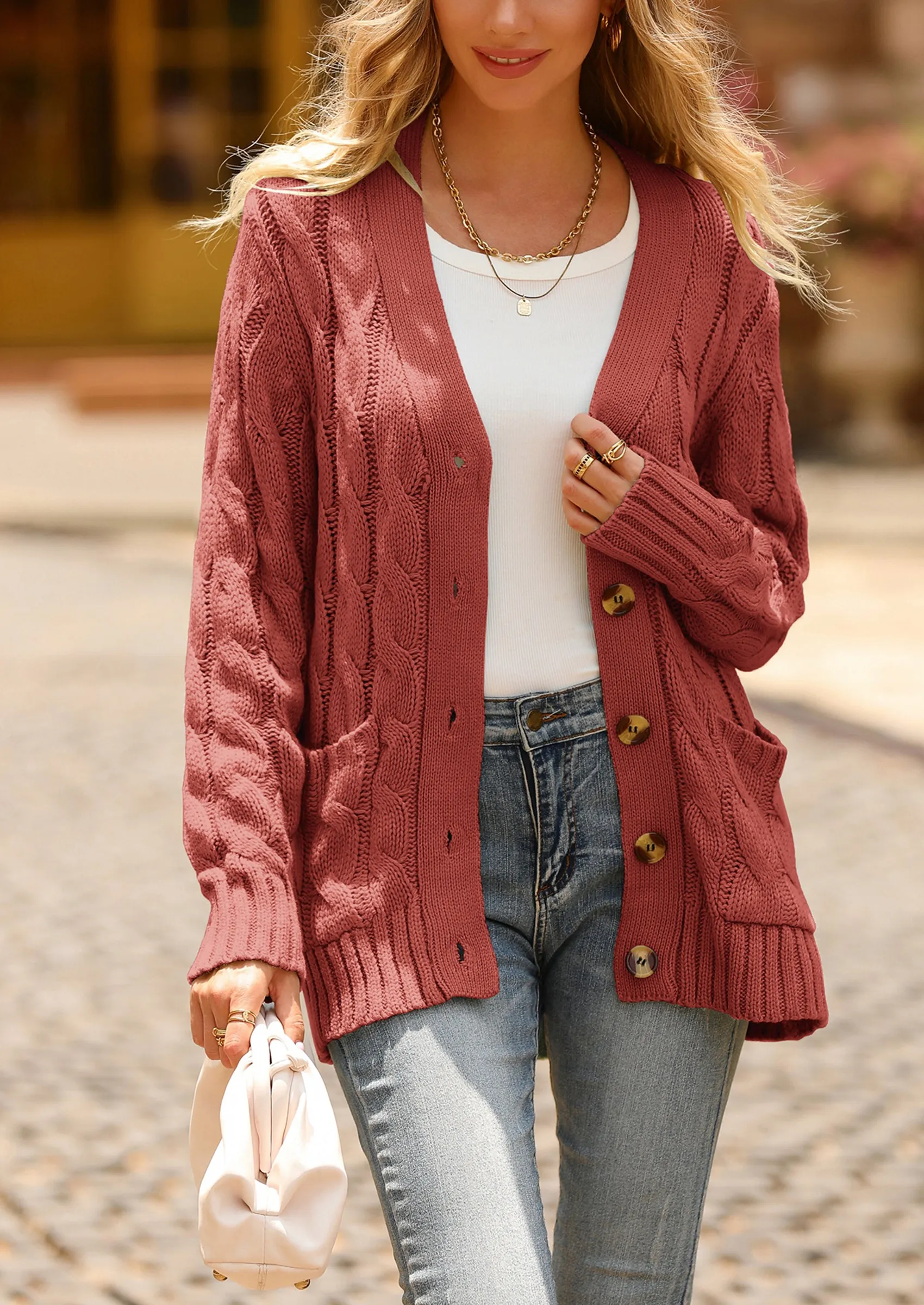 Knitted Solid Color Button Down Chunky Outwear Cardigan