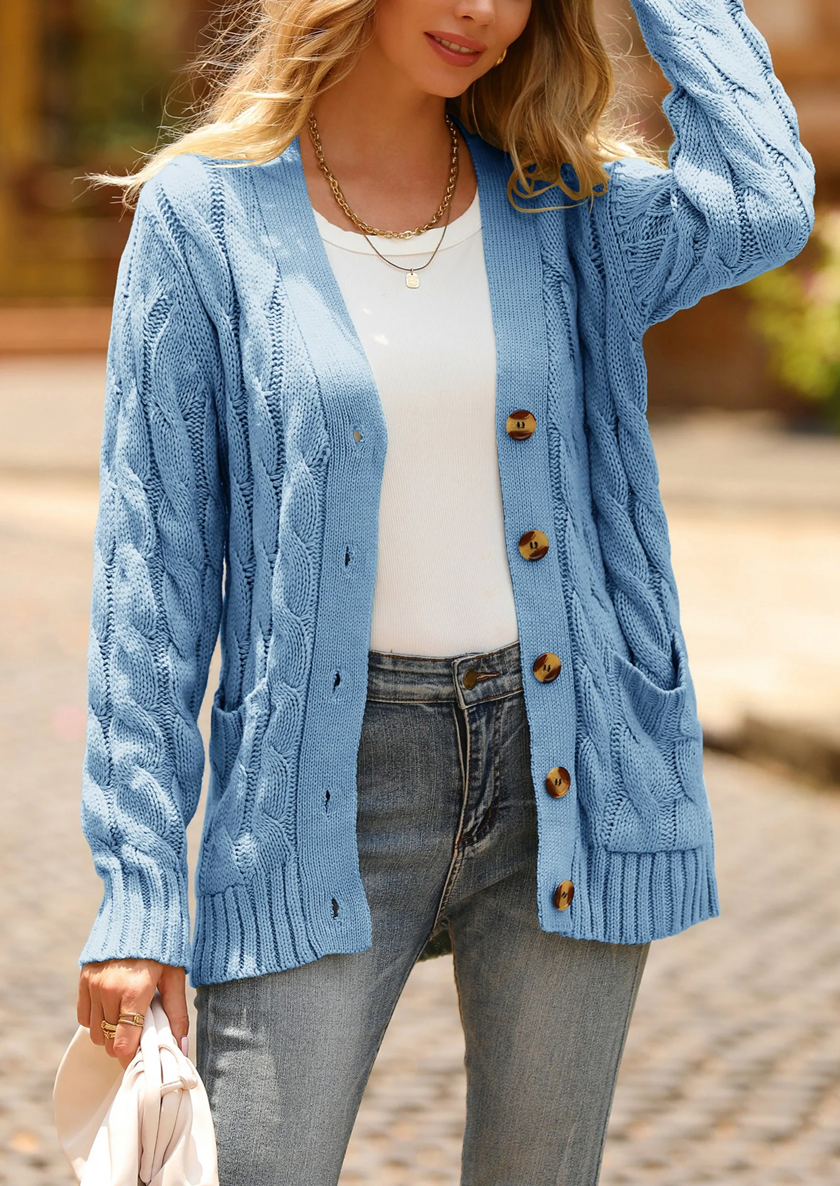 Knitted Solid Color Button Down Chunky Outwear Cardigan