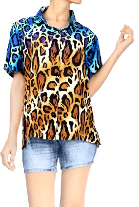 La Leela Women's Animal Print Hawaiian Aloha Tropical Beach  Short Sleeve Relaxed Fit Blouse Printed Shirt Multi-Color