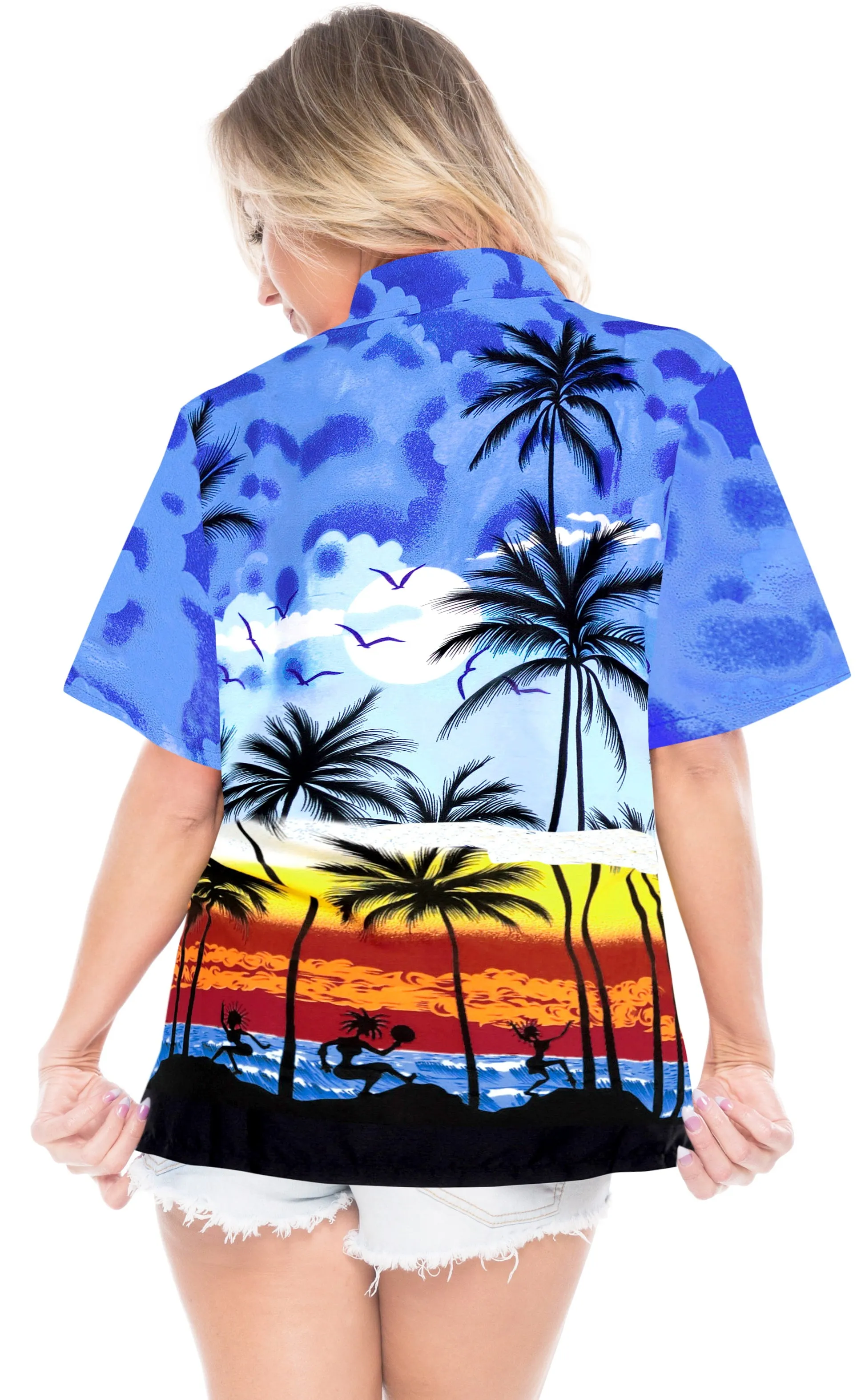 LA LEELA Women's Beach Casual Hawaiian Blouse Short Sleeve button Down Shirt TOPs Palm Tree printed Blue