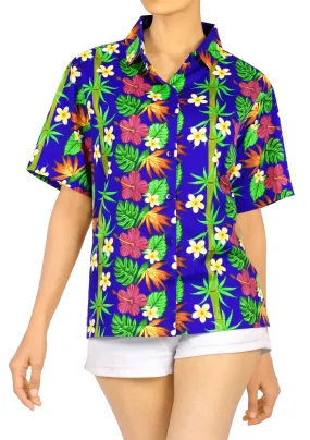 La Leela Women's Hawaiian Plumeria Relaxed fit Beach Aloha Tropical Short Sleeve Blouse Printed Shirt Navy Blue