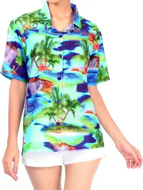 La Leela Women's Palm Tree Relaxed Fit Hawaiian Aloha Tropical Beach  Short Sleeve Blouse Printed Shirt Blue