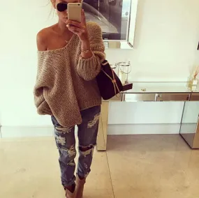 Loose Pullover Knit Solid Color Sweater