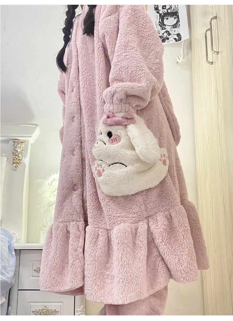 Lop Ear Rabbit Pink Thick Plush Fleece Winter Pajamas Hooded Bathrobe & Pants Set
