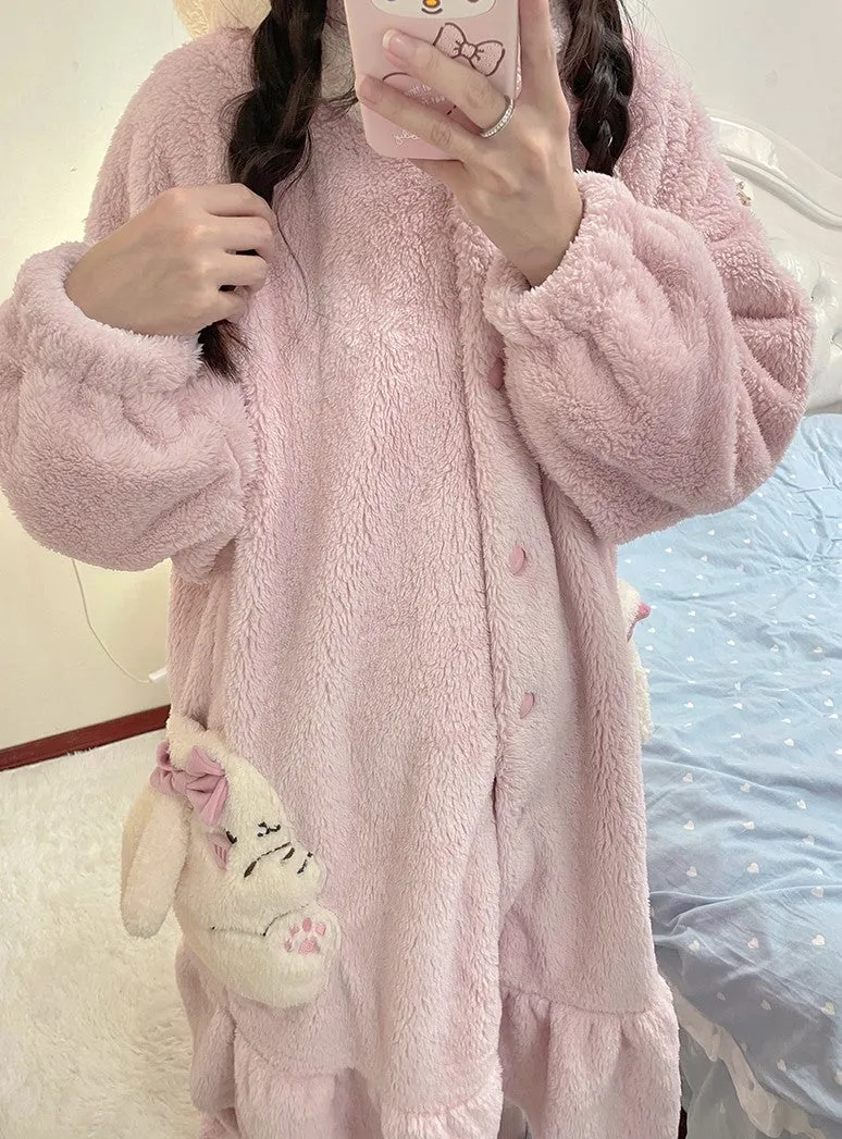 Lop Ear Rabbit Pink Thick Plush Fleece Winter Pajamas Hooded Bathrobe & Pants Set